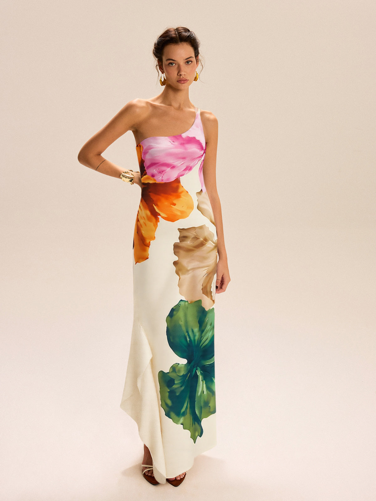 Asymmetric One-Shoulder Floral Print Maxi Dress-Massicos