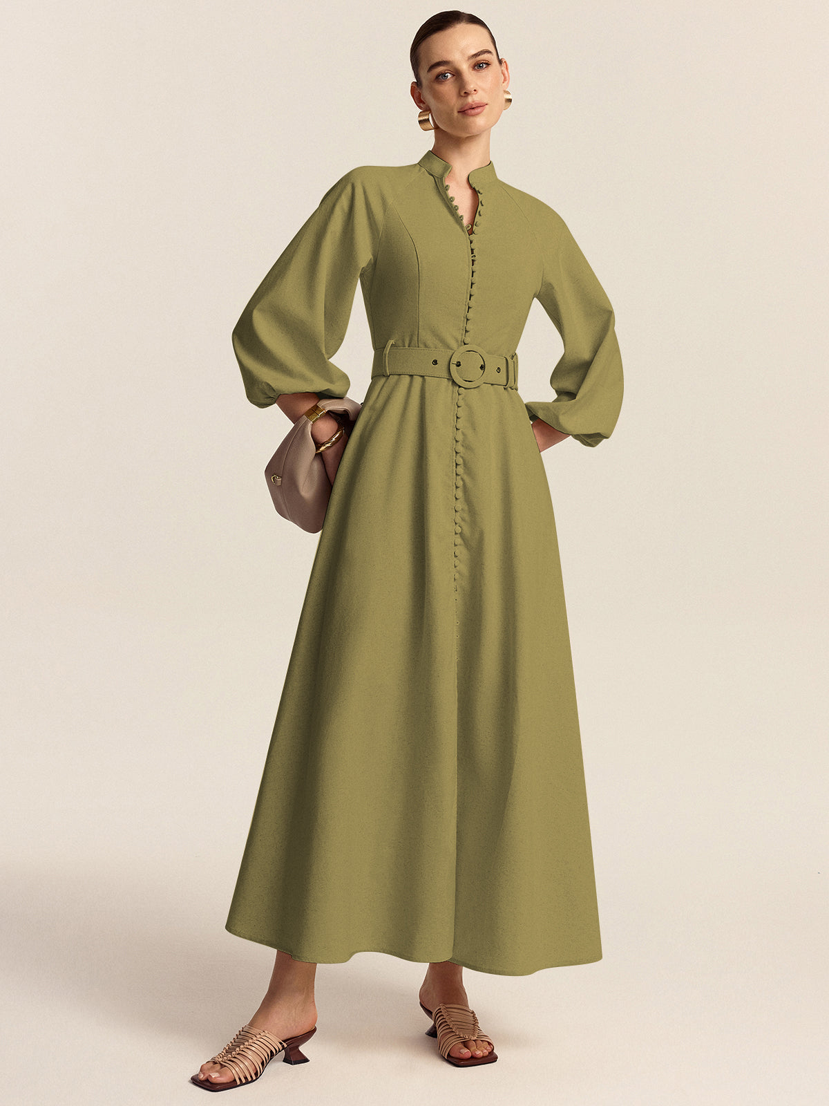 Belted Button Front Maxi Dress-Massicos