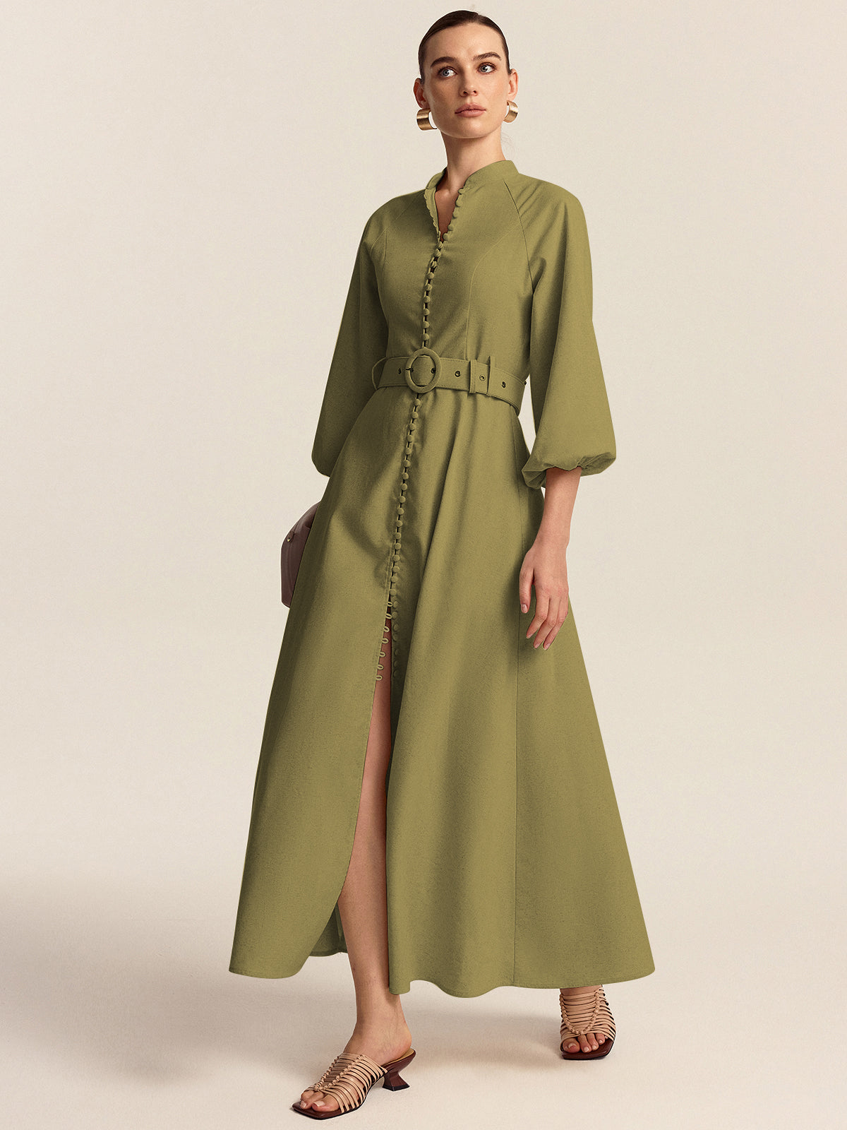 Belted Button Front Maxi Dress-Massicos