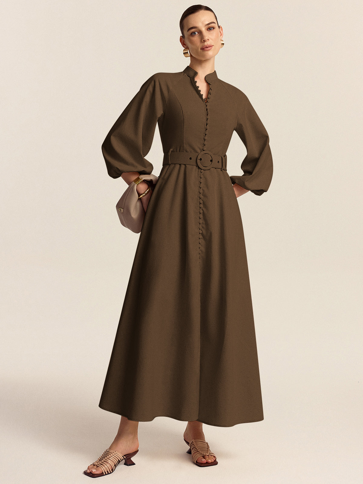 Belted Button Front Maxi Dress-Massicos