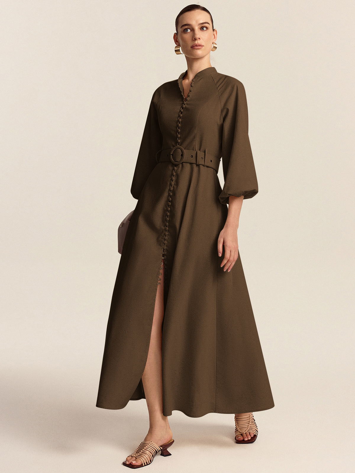 Belted Button Front Maxi Dress-Massicos