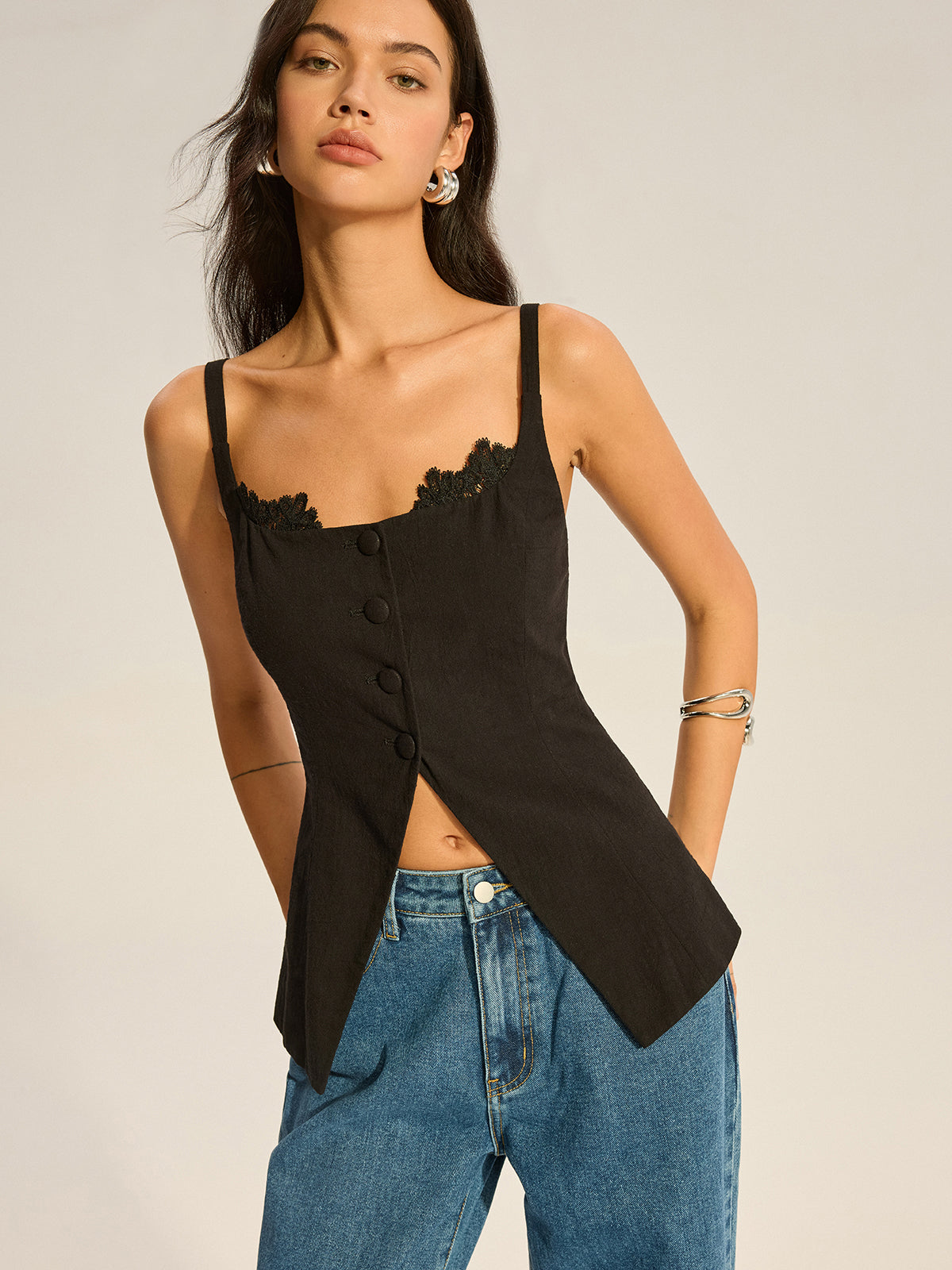 Semi-Sheer Lace-Trimmed Button Top with Slit-Massicos
