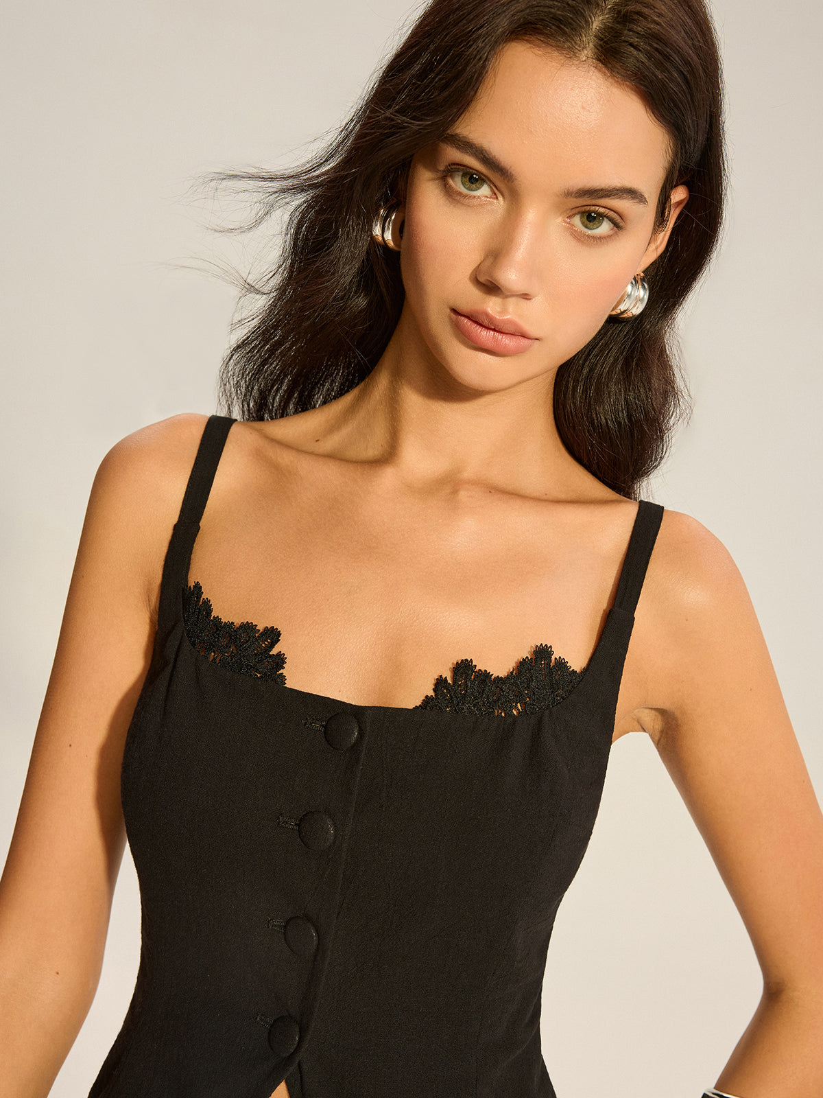 Semi-Sheer Lace-Trimmed Button Top with Slit-Massicos