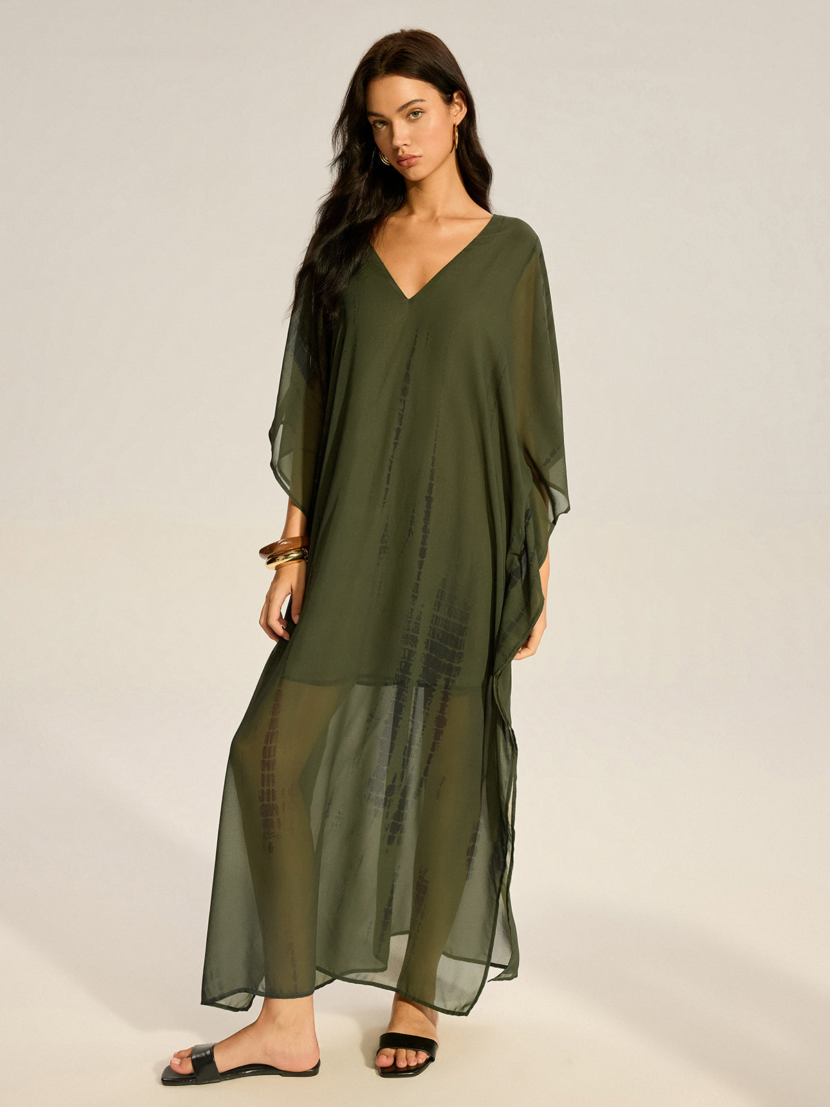 Sheer Chiffon V-Neck Maxi Dress-Massicos
