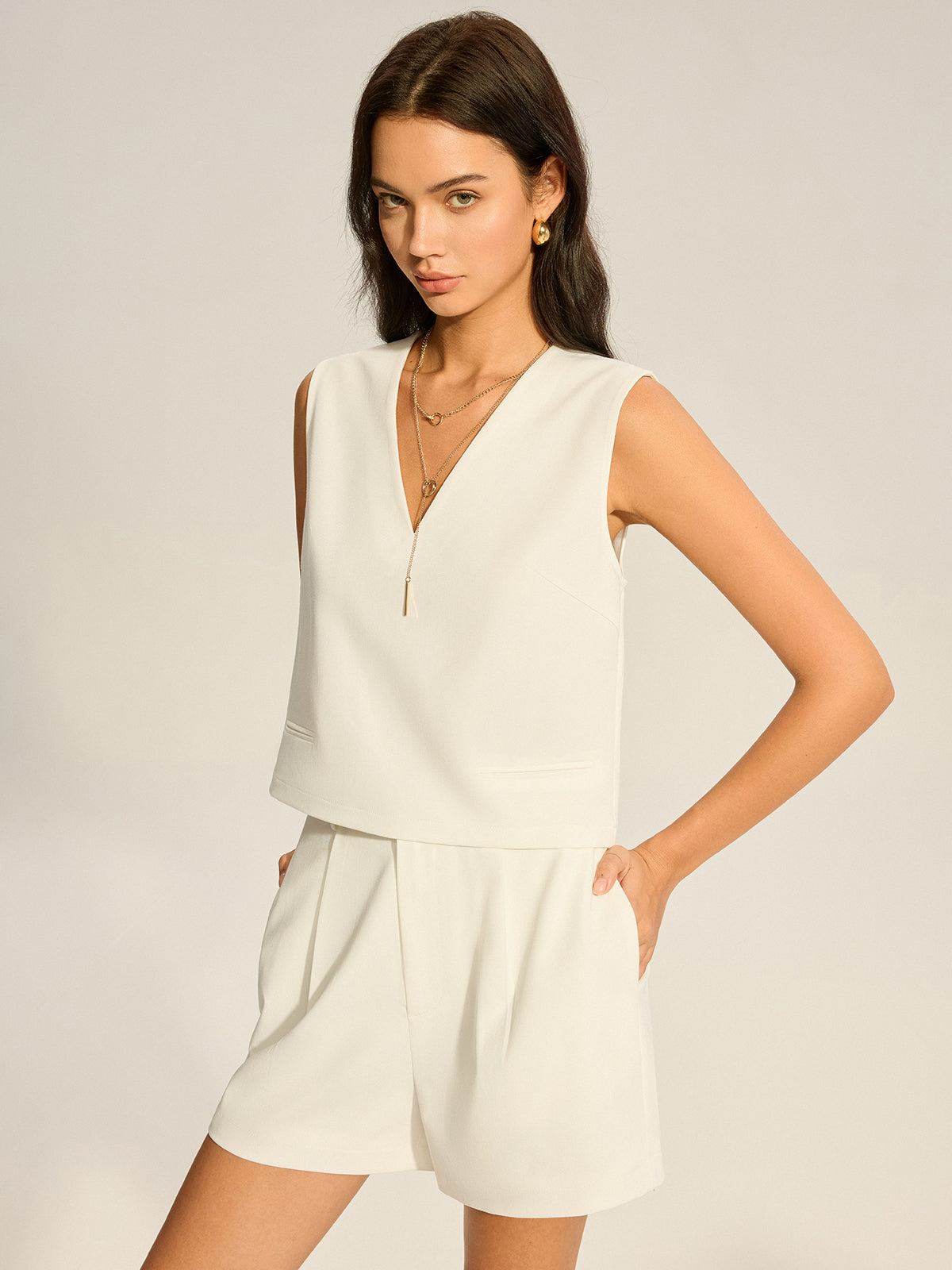 V-Neck Pocketed Top and Pleated Shorts Set-Massicos