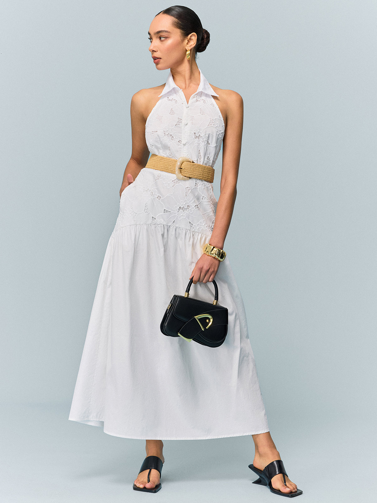 Pocketed Halter Neck Embroidered Dress with Non-Belted-Massicos