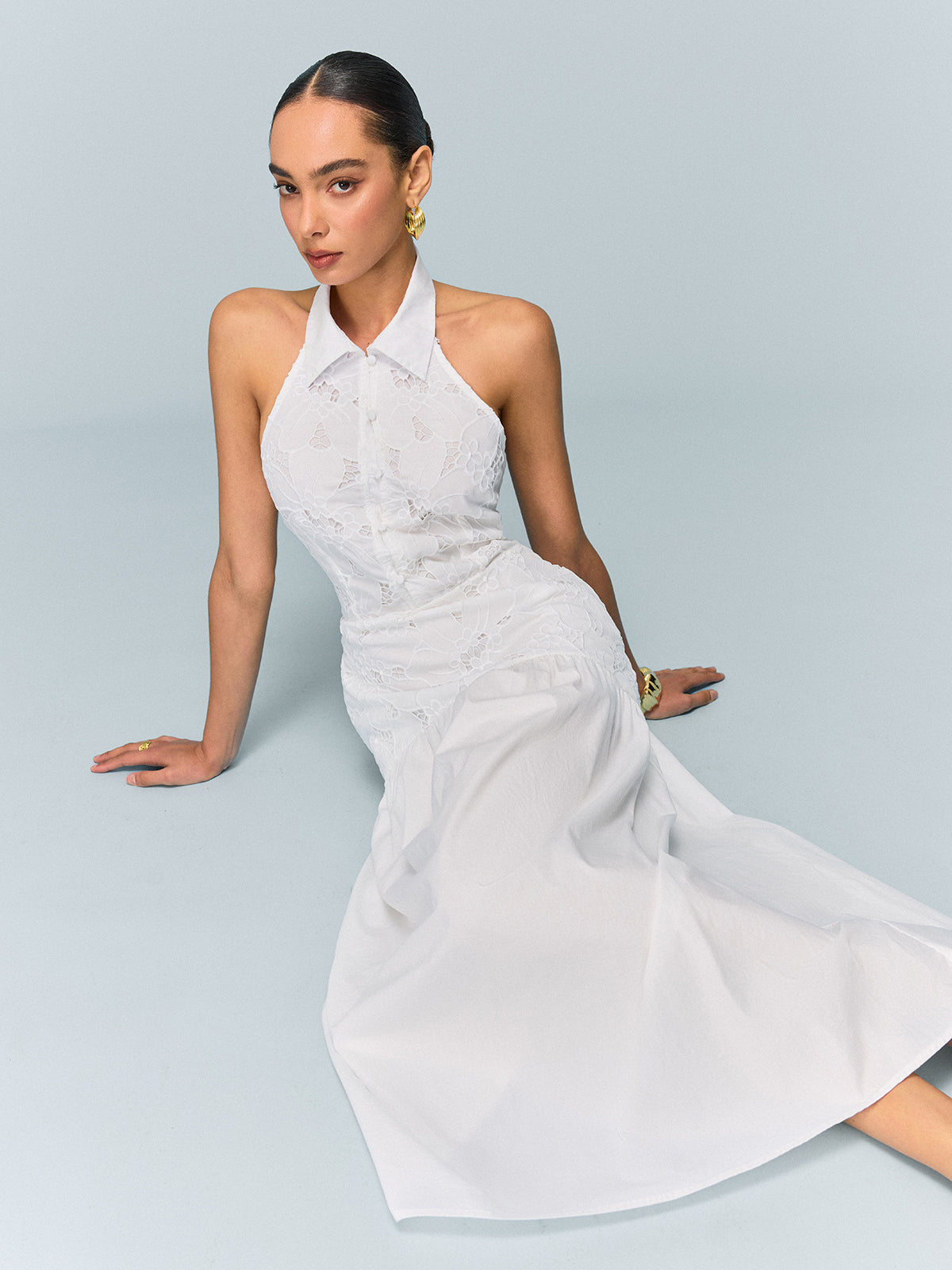 Pocketed Halter Neck Embroidered Dress with Non-Belted-Massicos