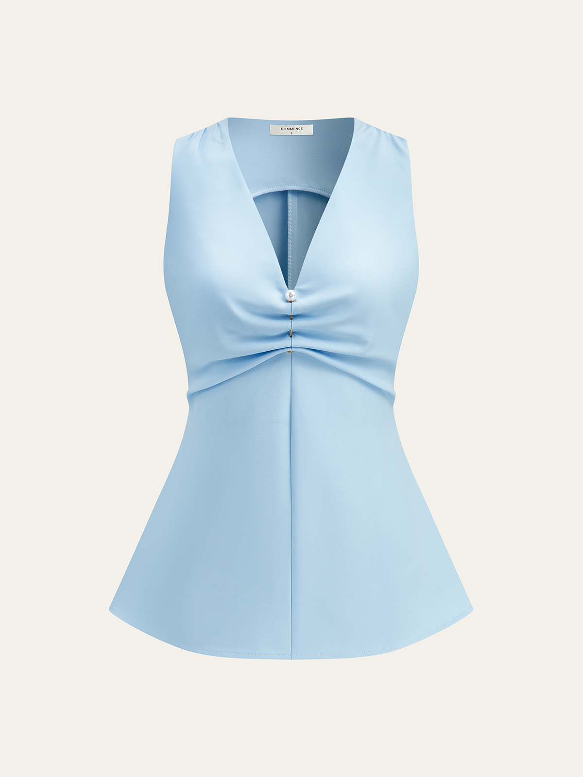 V-Neck Ruched Top with Pearl Detail-Massicos