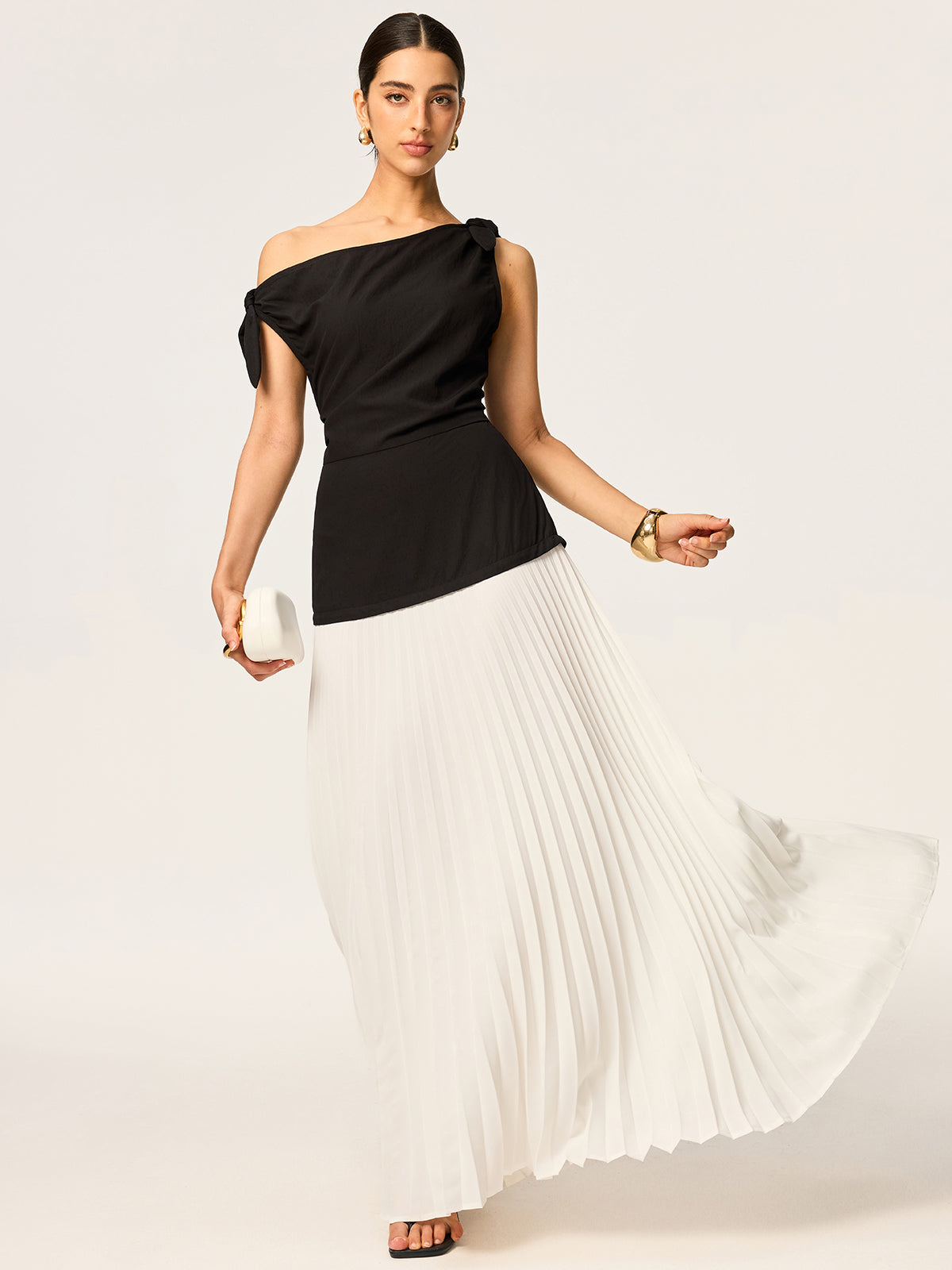 Asymmetric Pleated Maxi Dress with Bow Detail-Massicos