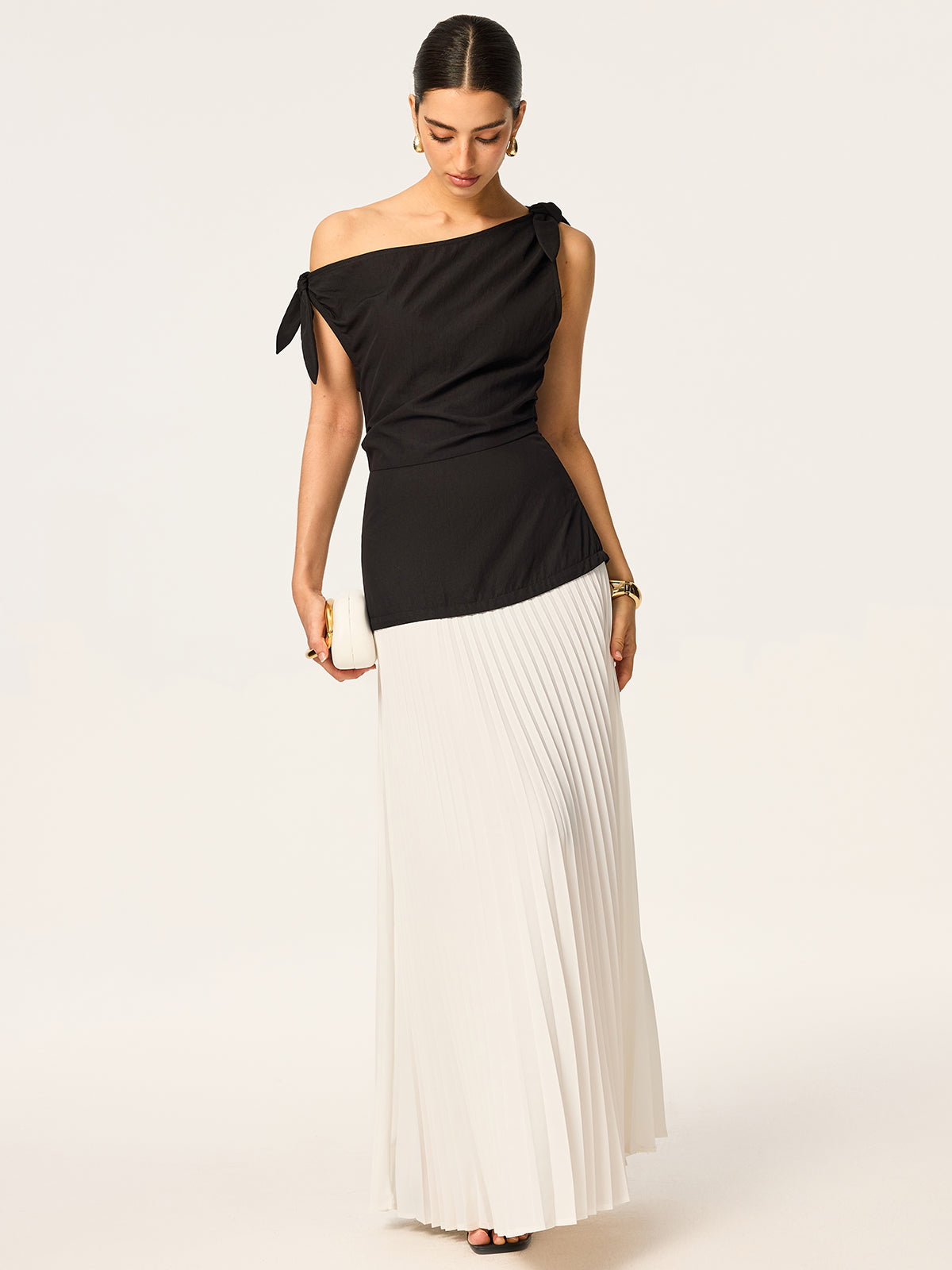 Asymmetric Pleated Maxi Dress with Bow Detail-Massicos