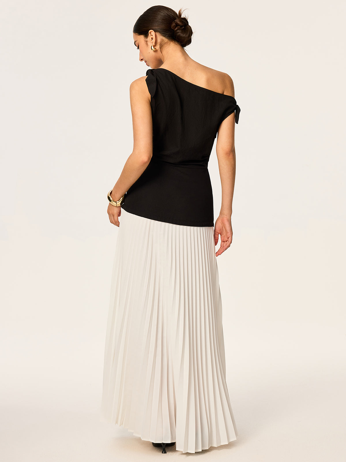Asymmetric Pleated Maxi Dress with Bow Detail-Massicos