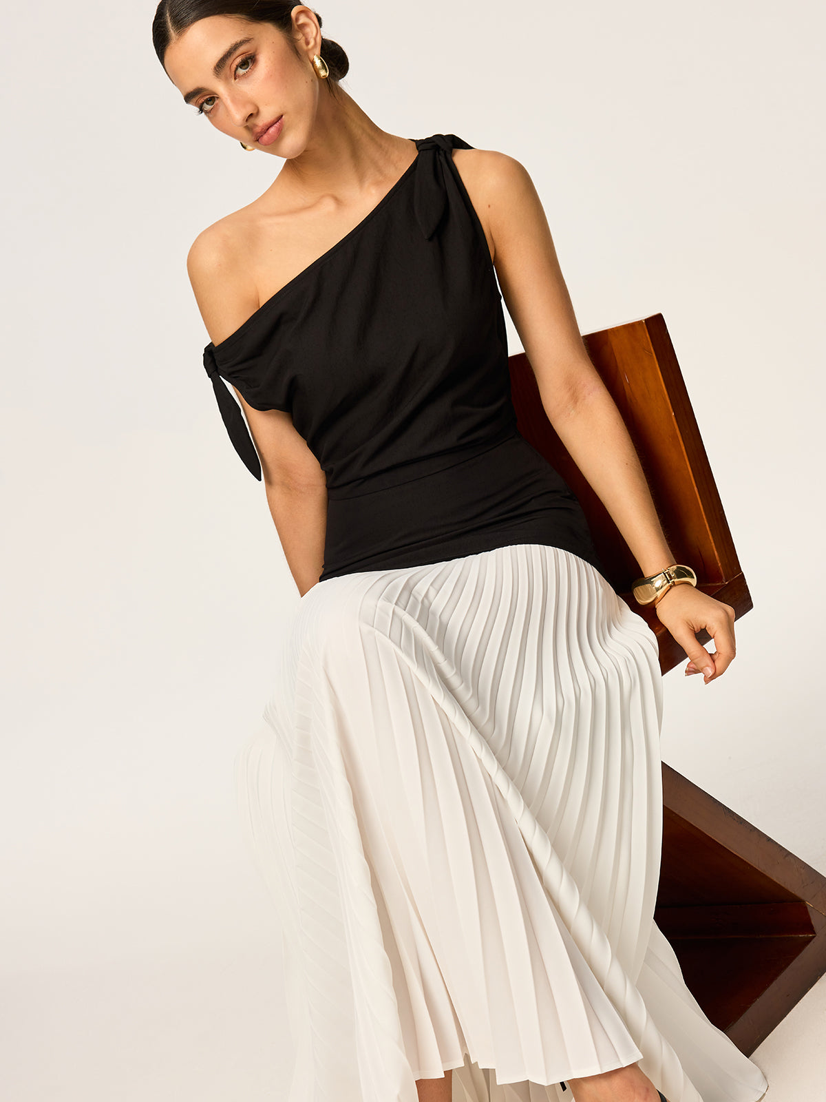 Asymmetric Pleated Maxi Dress with Bow Detail-Massicos