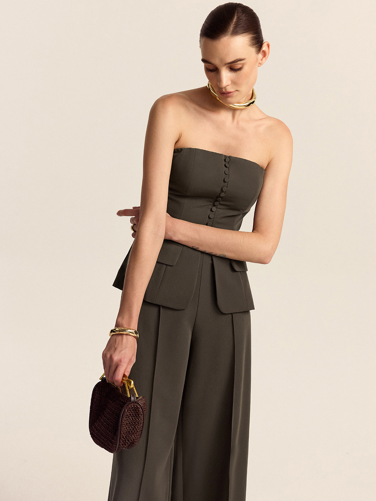 Strapless Top and Wide-Leg Pants Set-Massicos