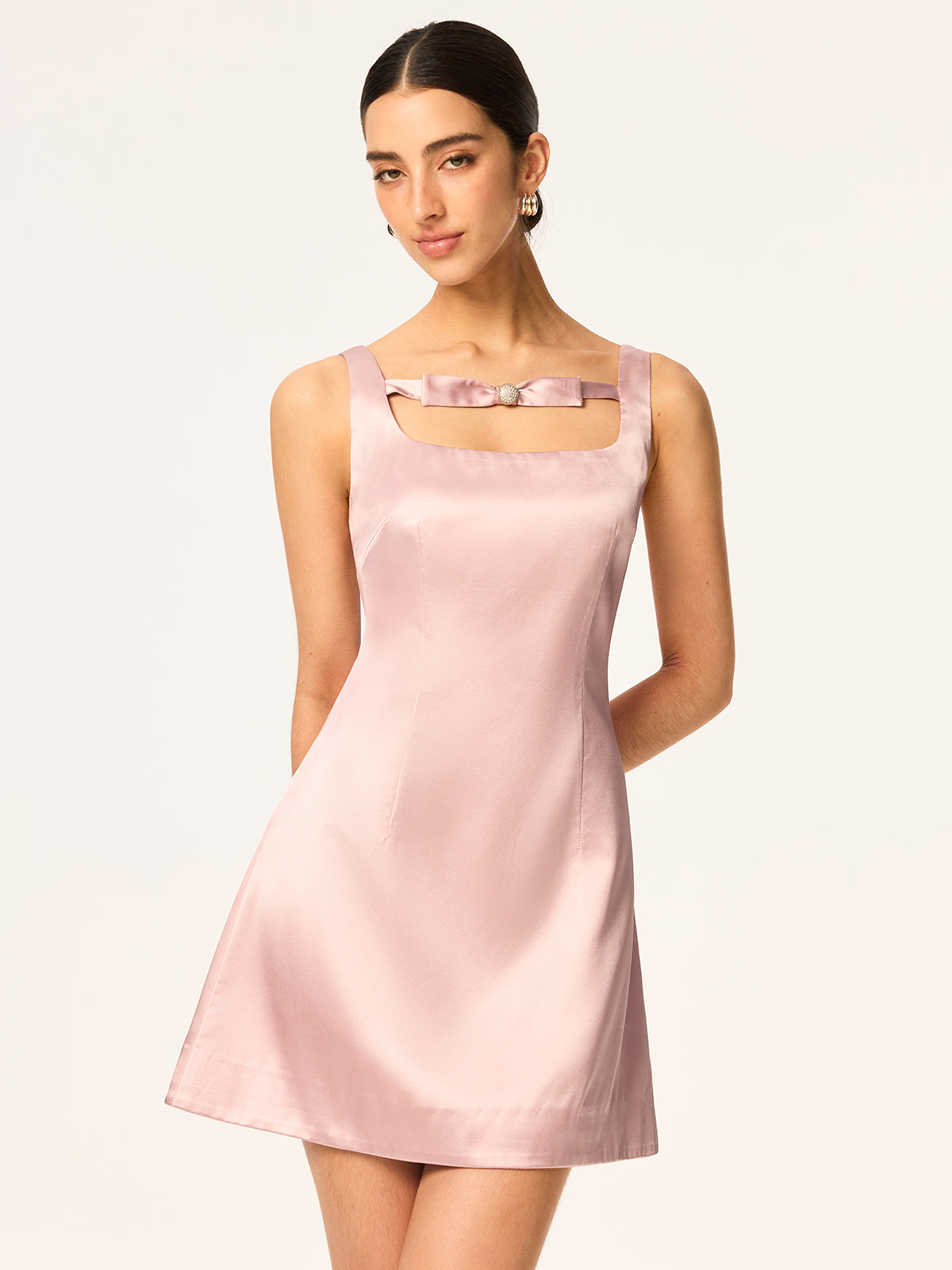 Satin Mini Dress with Bow and Rhinestone Detail-Massicos