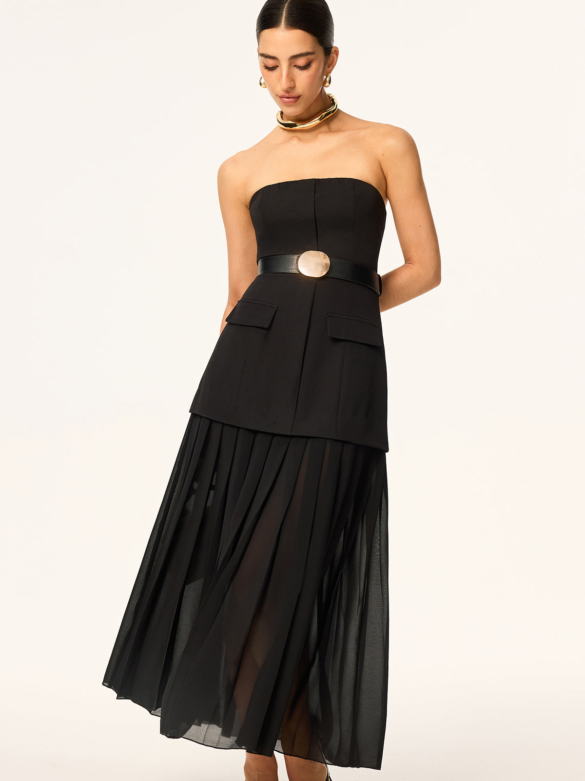 Semi-Sheer Strapless Belted Midi Dress with Chiffon Hem-Massicos