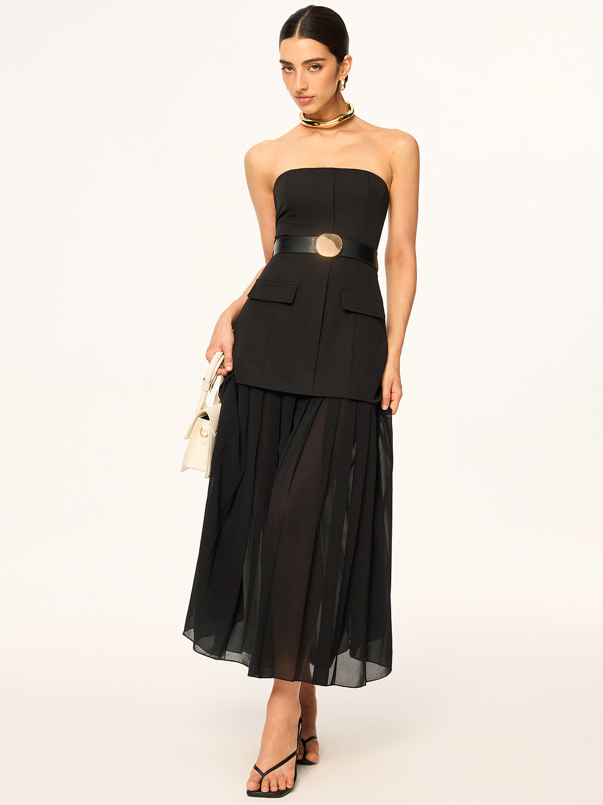Semi-Sheer Strapless Belted Midi Dress with Chiffon Hem-Massicos