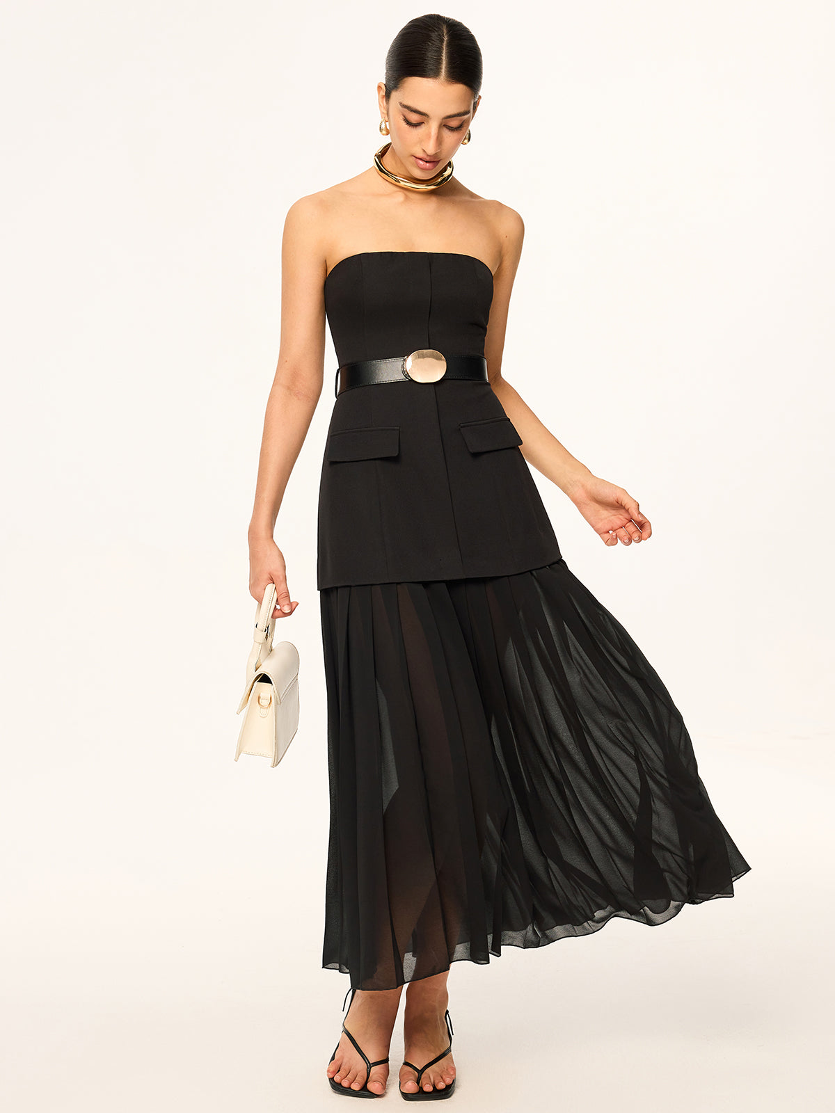 Semi-Sheer Strapless Belted Midi Dress with Chiffon Hem-Massicos