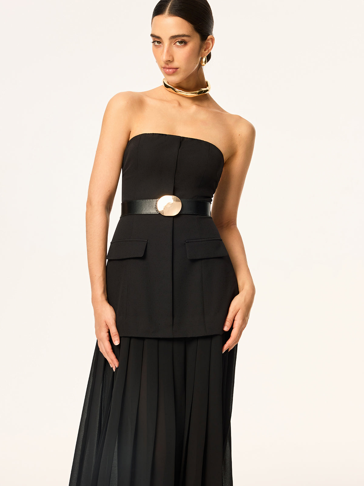 Semi-Sheer Strapless Belted Midi Dress with Chiffon Hem-Massicos