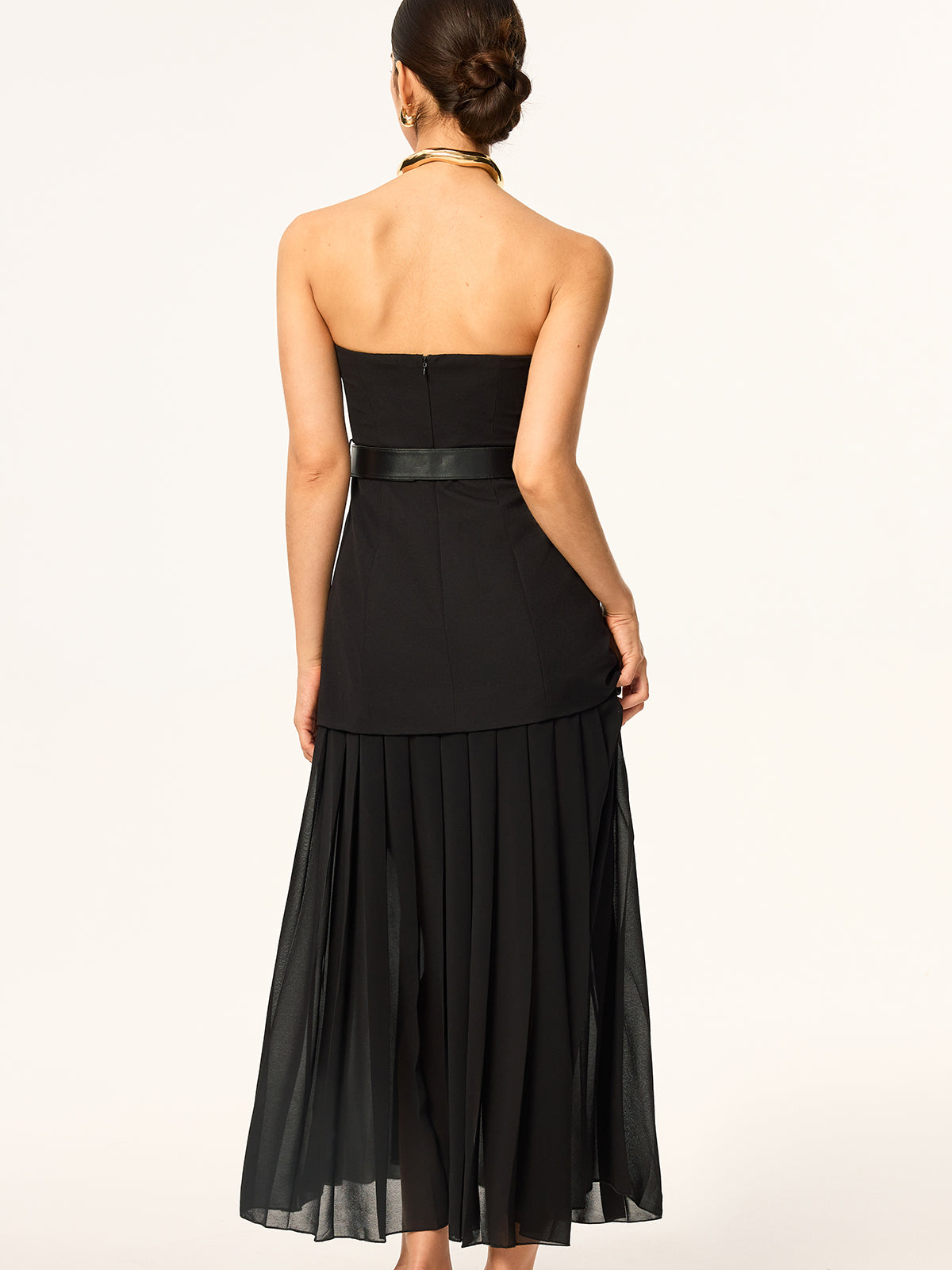 Semi-Sheer Strapless Belted Midi Dress with Chiffon Hem-Massicos