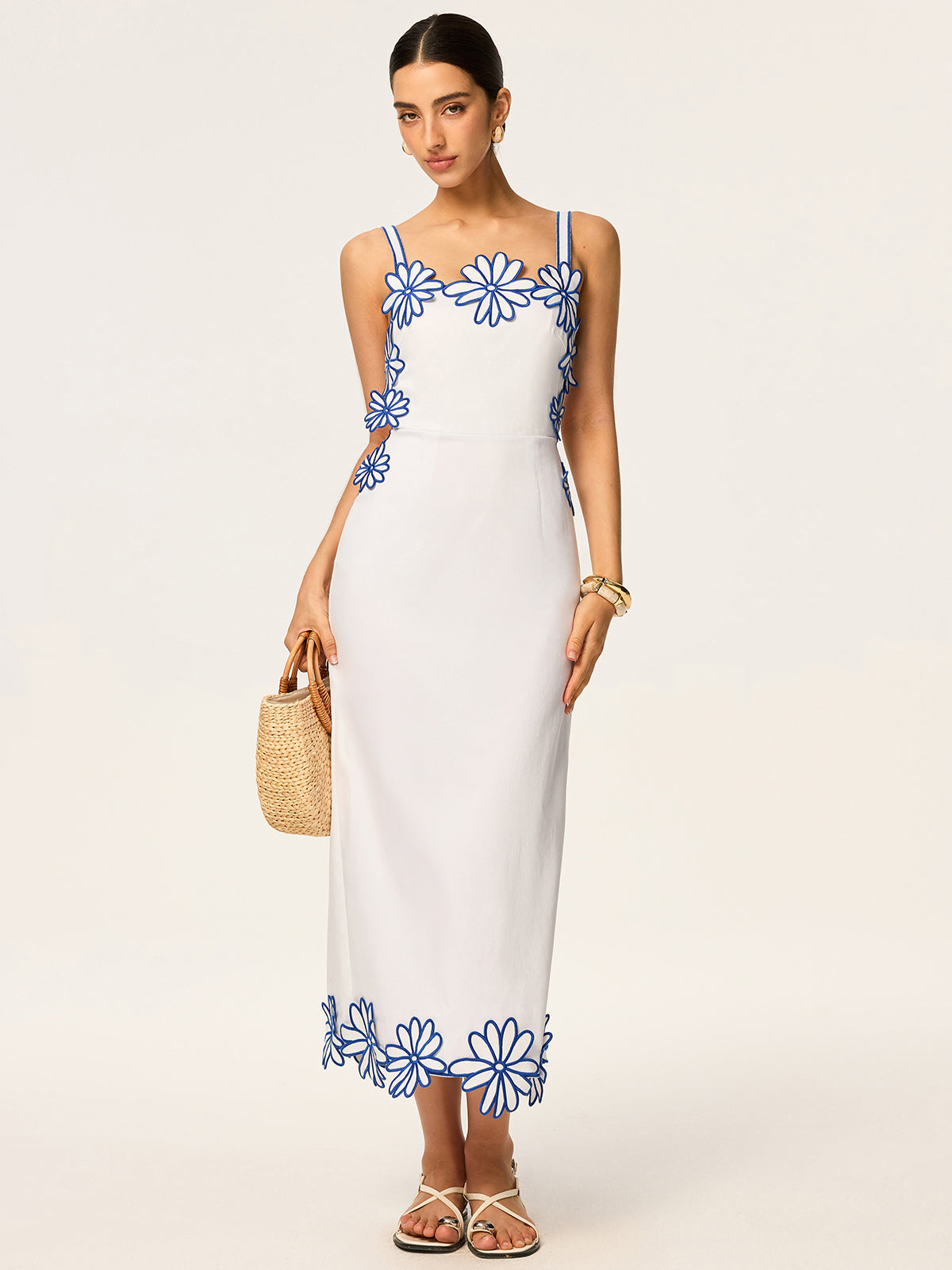Semi-Sheer Floral Embroidery Back Bow Maxi Dress-Massicos