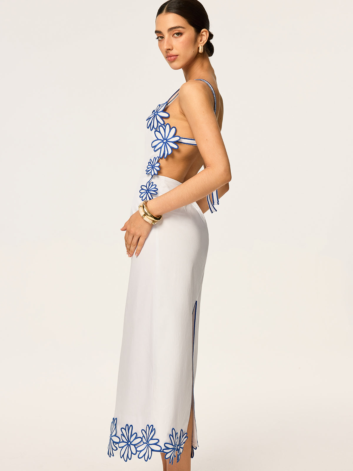 Semi-Sheer Floral Embroidery Back Bow Maxi Dress-Massicos