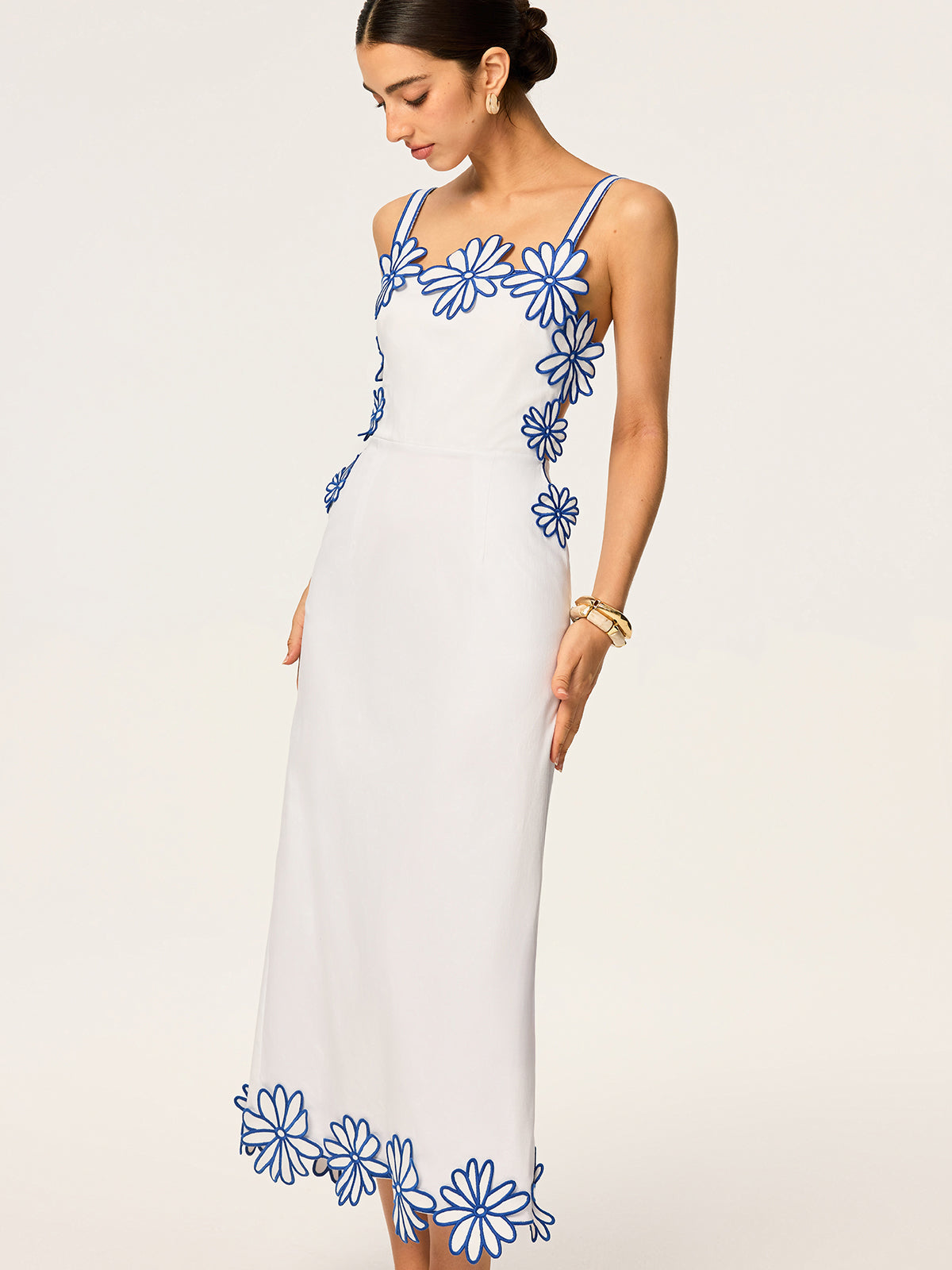 Semi-Sheer Floral Embroidery Back Bow Maxi Dress-Massicos