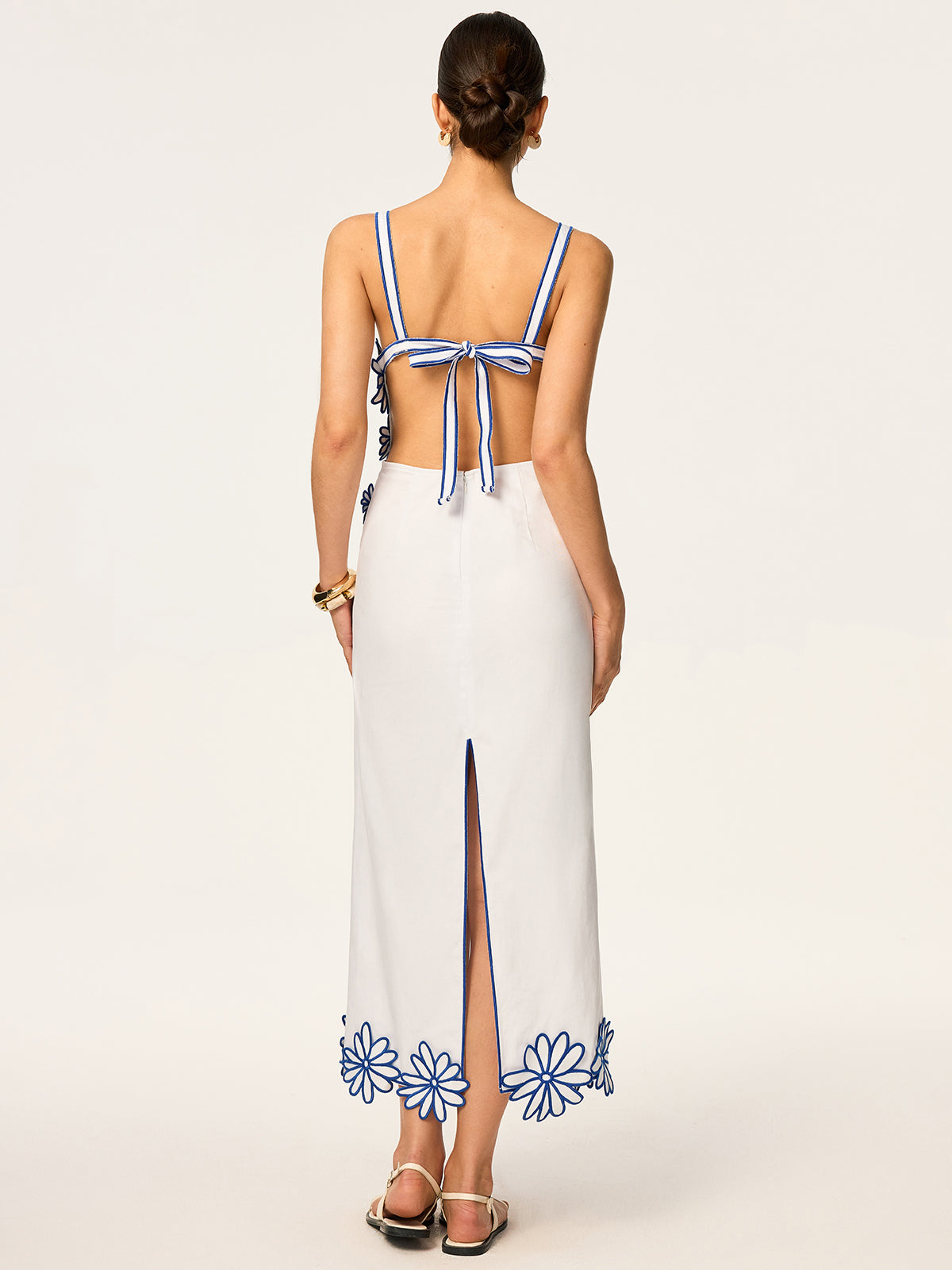 Semi-Sheer Floral Embroidery Back Bow Maxi Dress-Massicos