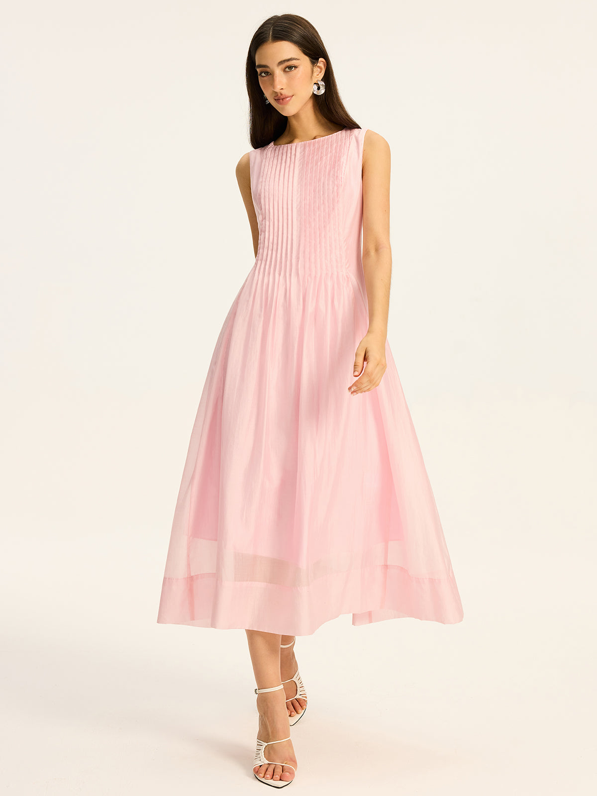 Semi-Sheer Tencel Pleated Sleeveless Midi Dress-Massicos