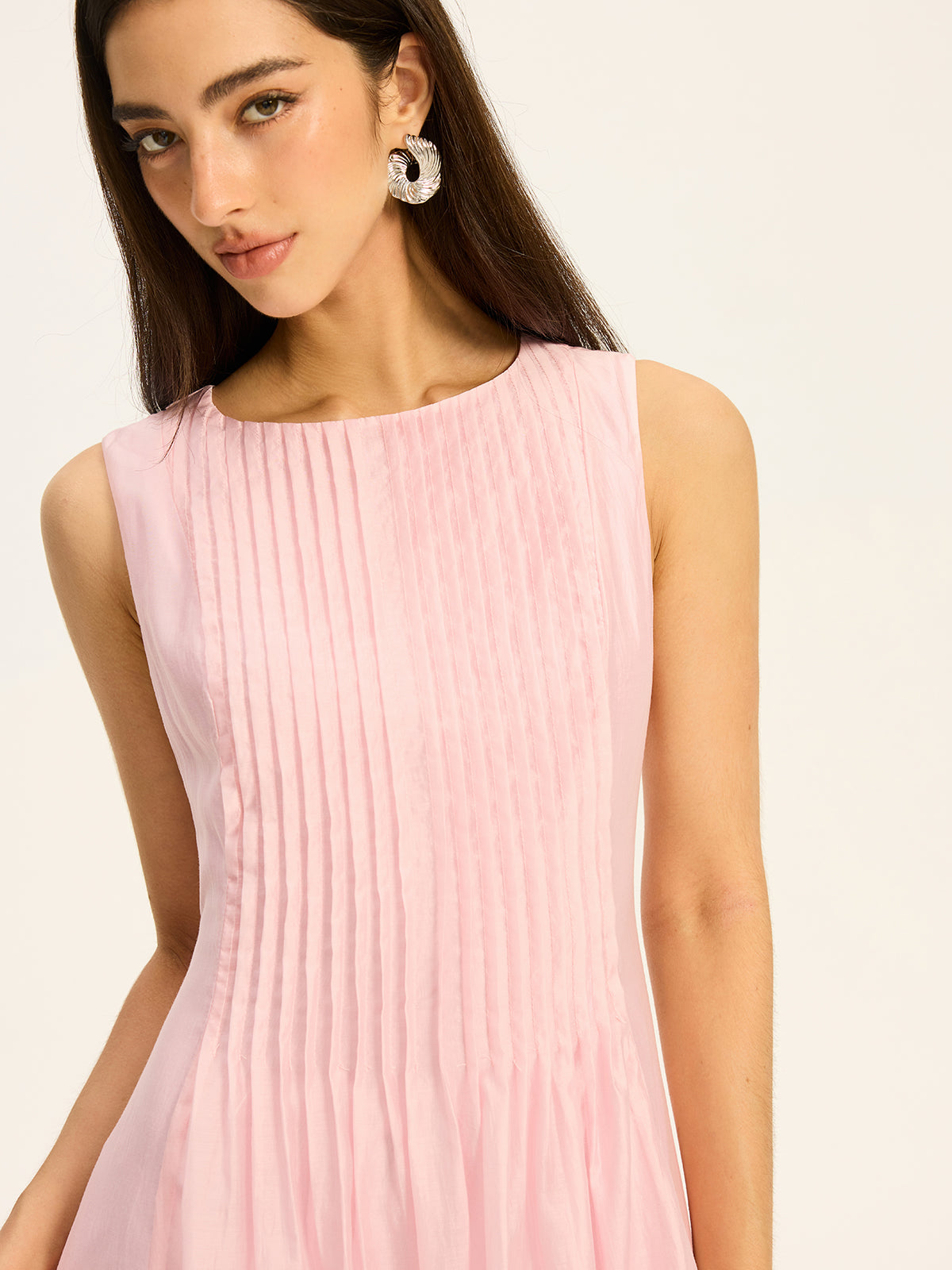 Semi-Sheer Tencel Pleated Sleeveless Midi Dress-Massicos
