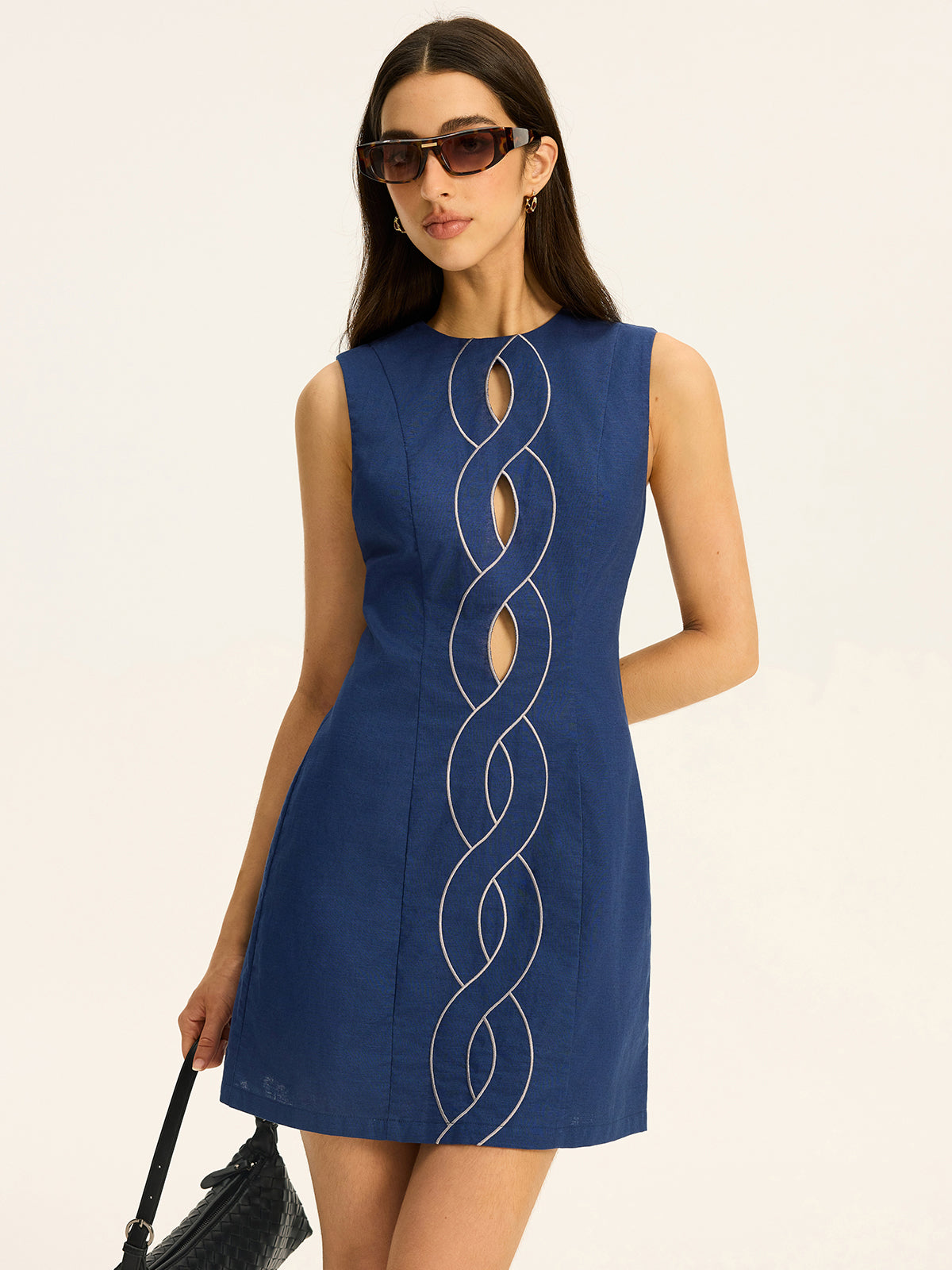 Linen & Cotton Cut-Out Contrast-Stitch Mini Dress-Massicos