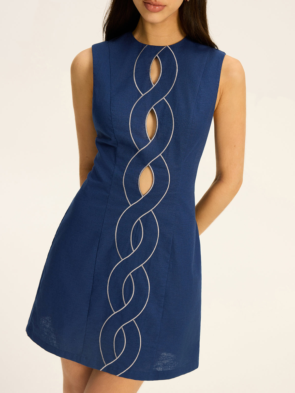 Linen & Cotton Cut-Out Contrast-Stitch Mini Dress-Massicos