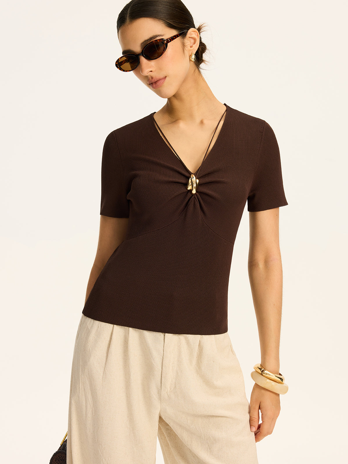 Metal Detail Ribbed Knit Top-Massicos