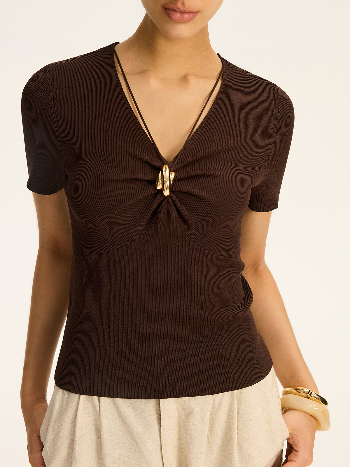 Metal Detail Ribbed Knit Top-Massicos