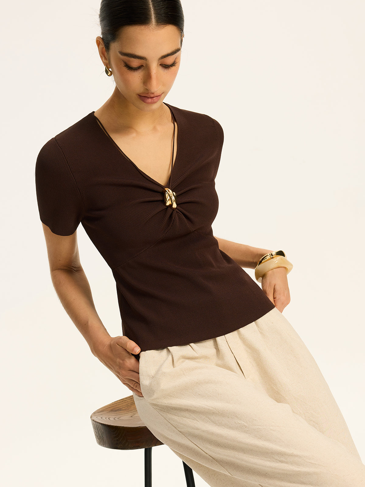 Metal Detail Ribbed Knit Top-Massicos