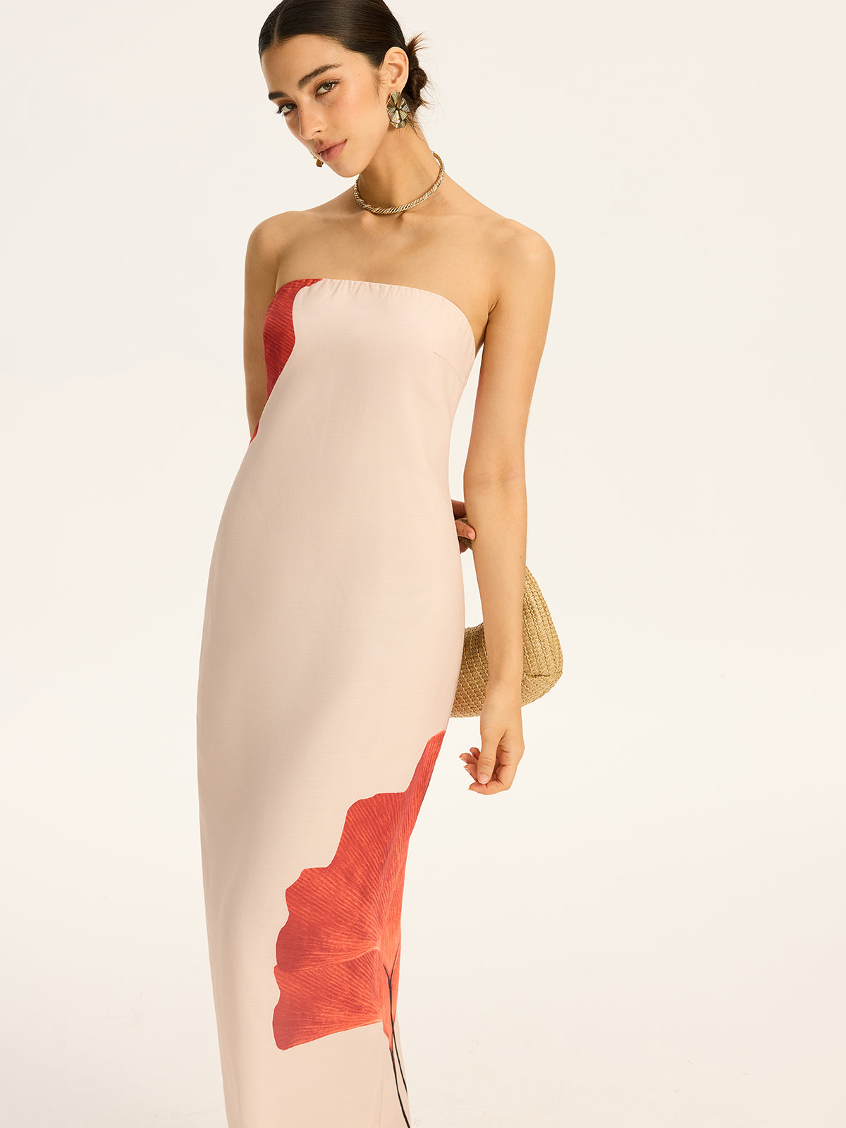 Strapless Printed Maxi Dress with Back Bow and Slit-Massicos