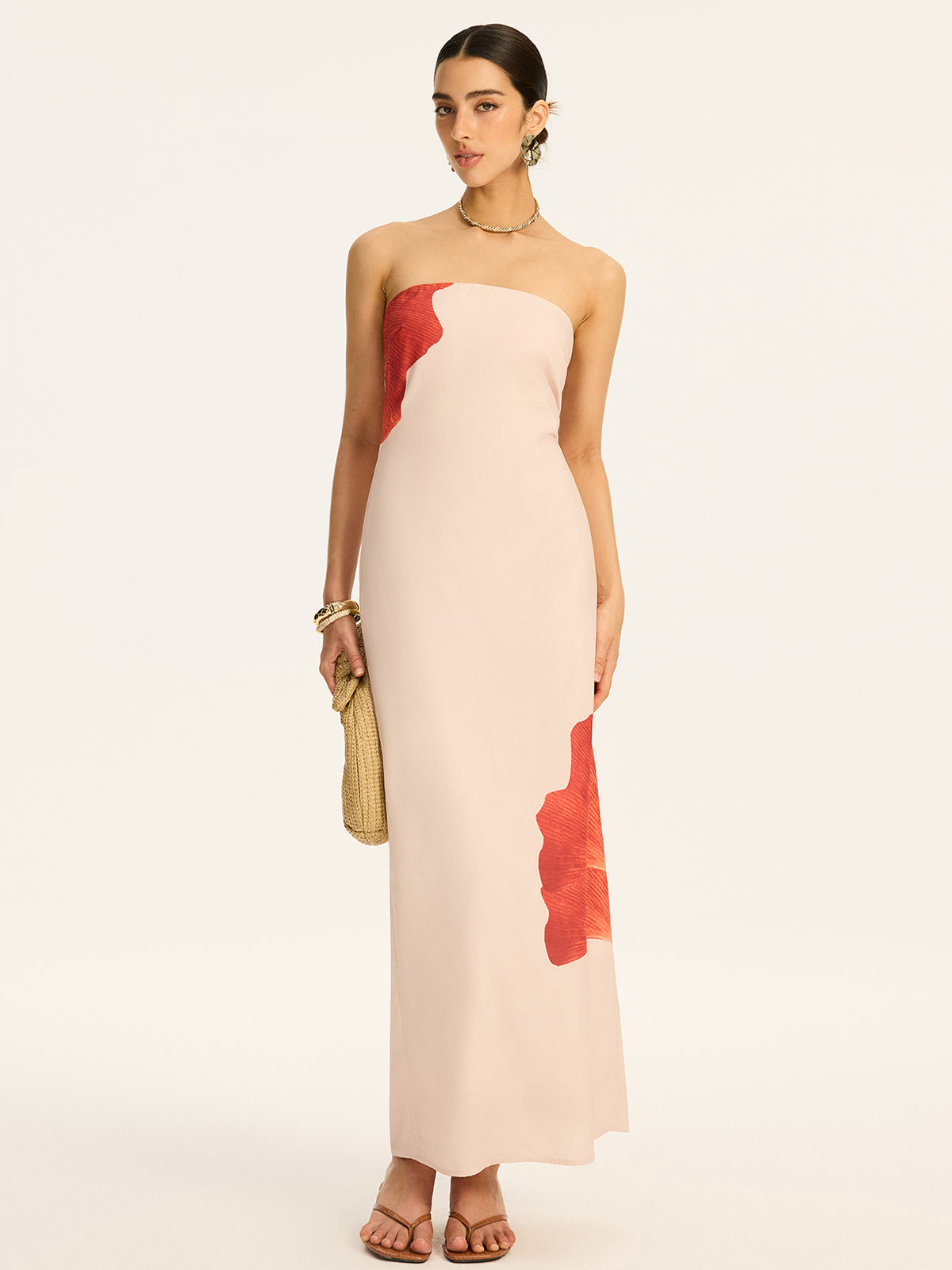 Strapless Printed Maxi Dress with Back Bow and Slit-Massicos