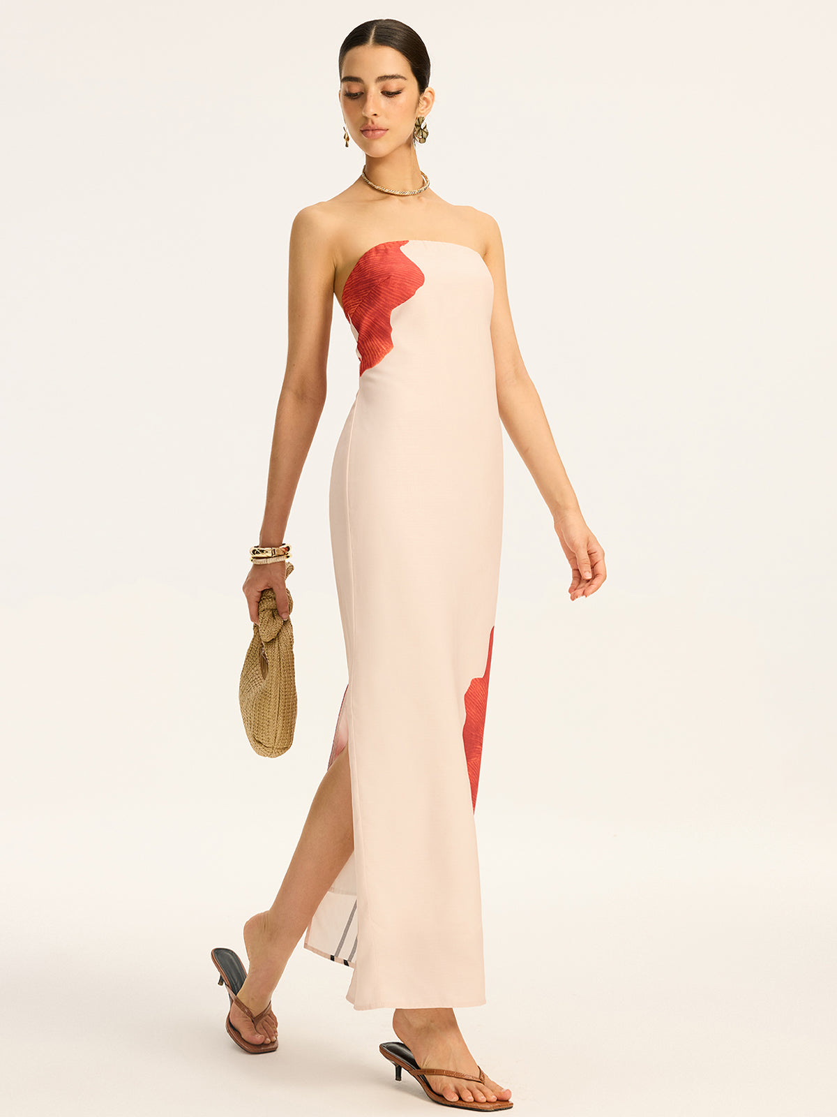 Strapless Printed Maxi Dress with Back Bow and Slit-Massicos