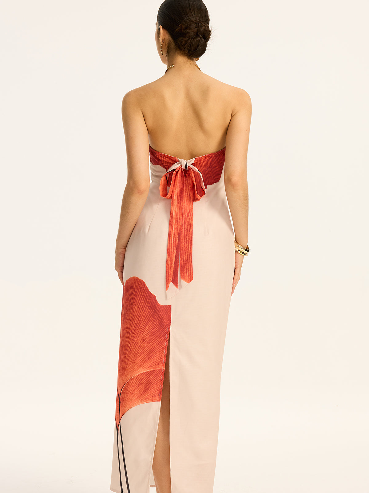 Strapless Printed Maxi Dress with Back Bow and Slit-Massicos