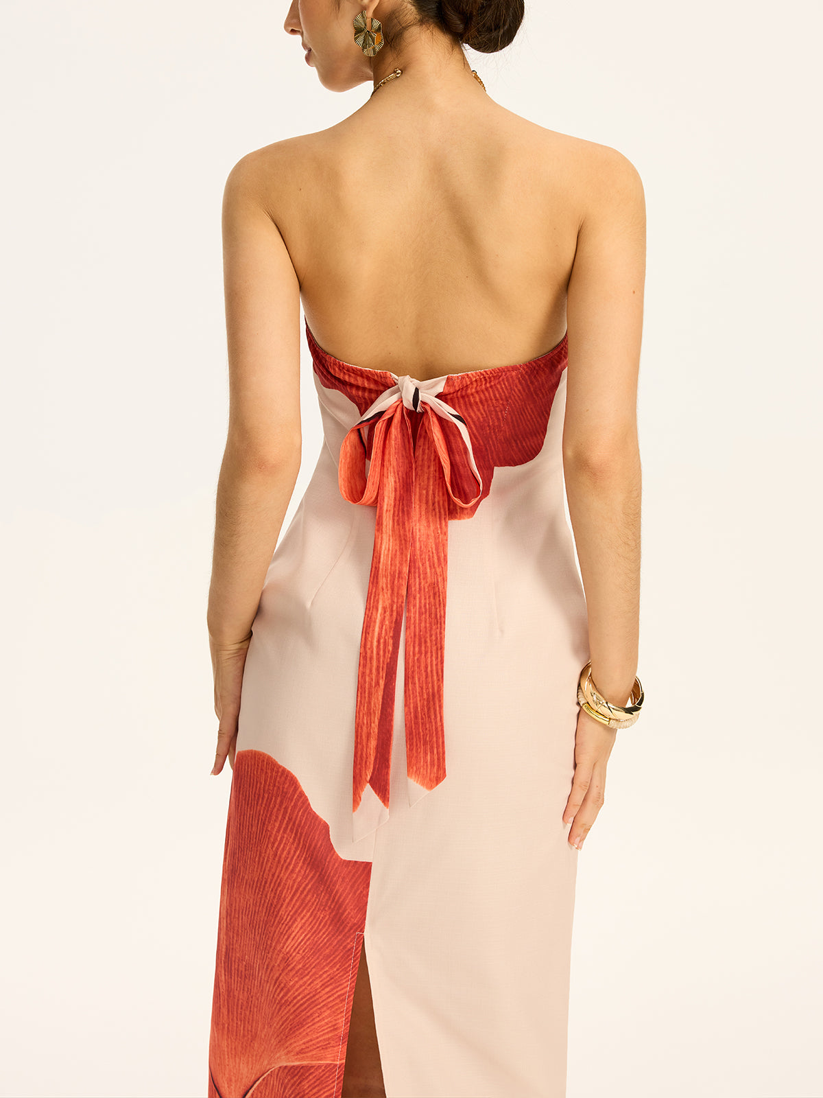 Strapless Printed Maxi Dress with Back Bow and Slit-Massicos