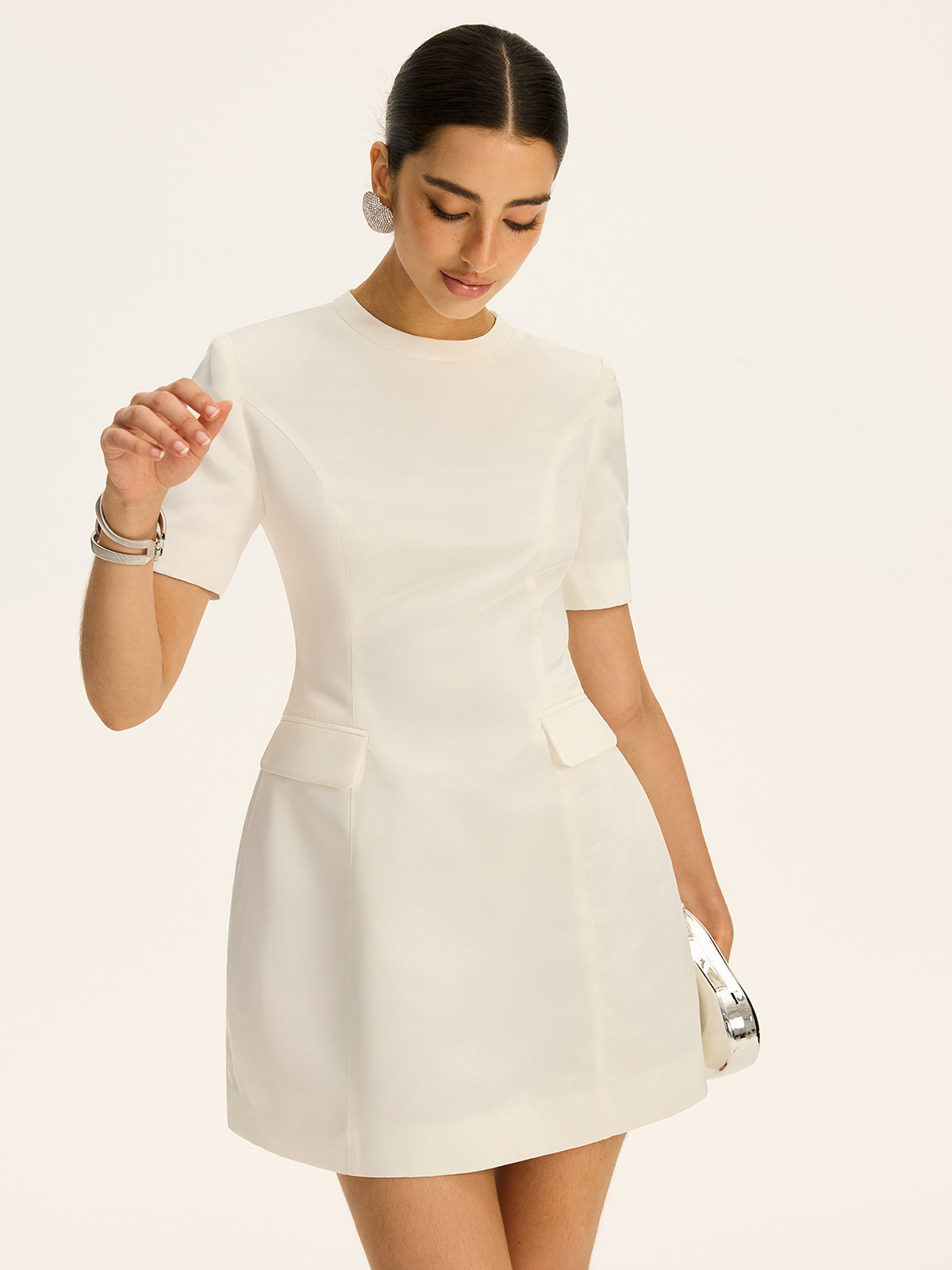 Short-Sleeved  Waist-Cinching Mini Dress with Decor Pockets-Massicos