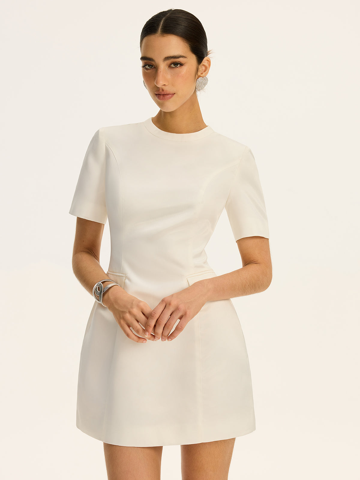 Short-Sleeved  Waist-Cinching Mini Dress with Decor Pockets-Massicos