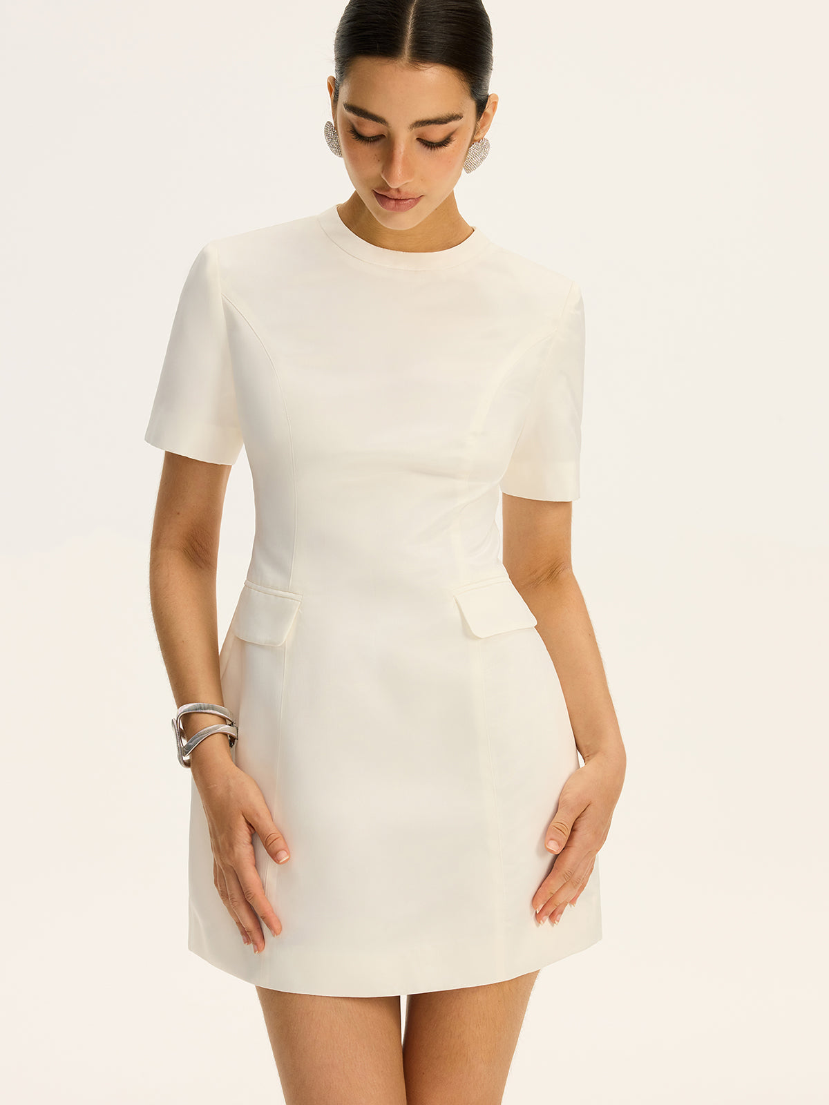 Short-Sleeved  Waist-Cinching Mini Dress with Decor Pockets-Massicos