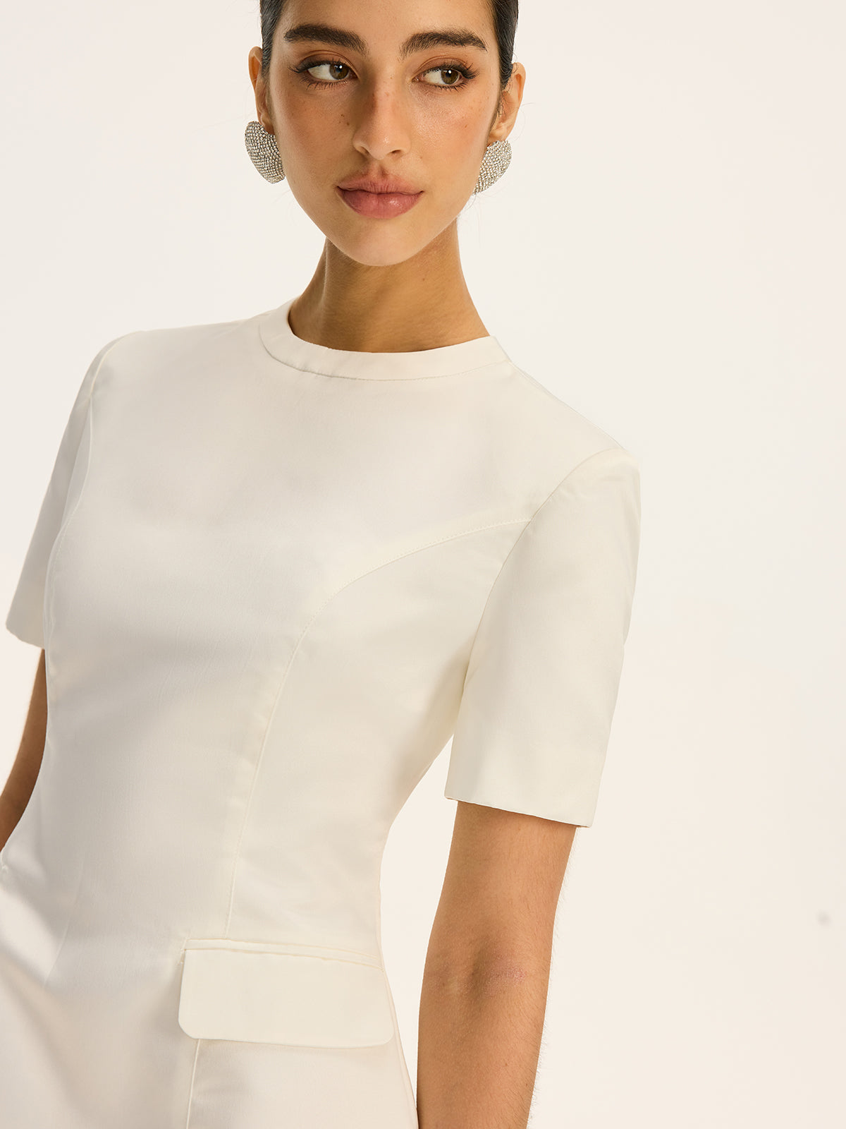Short-Sleeved  Waist-Cinching Mini Dress with Decor Pockets-Massicos