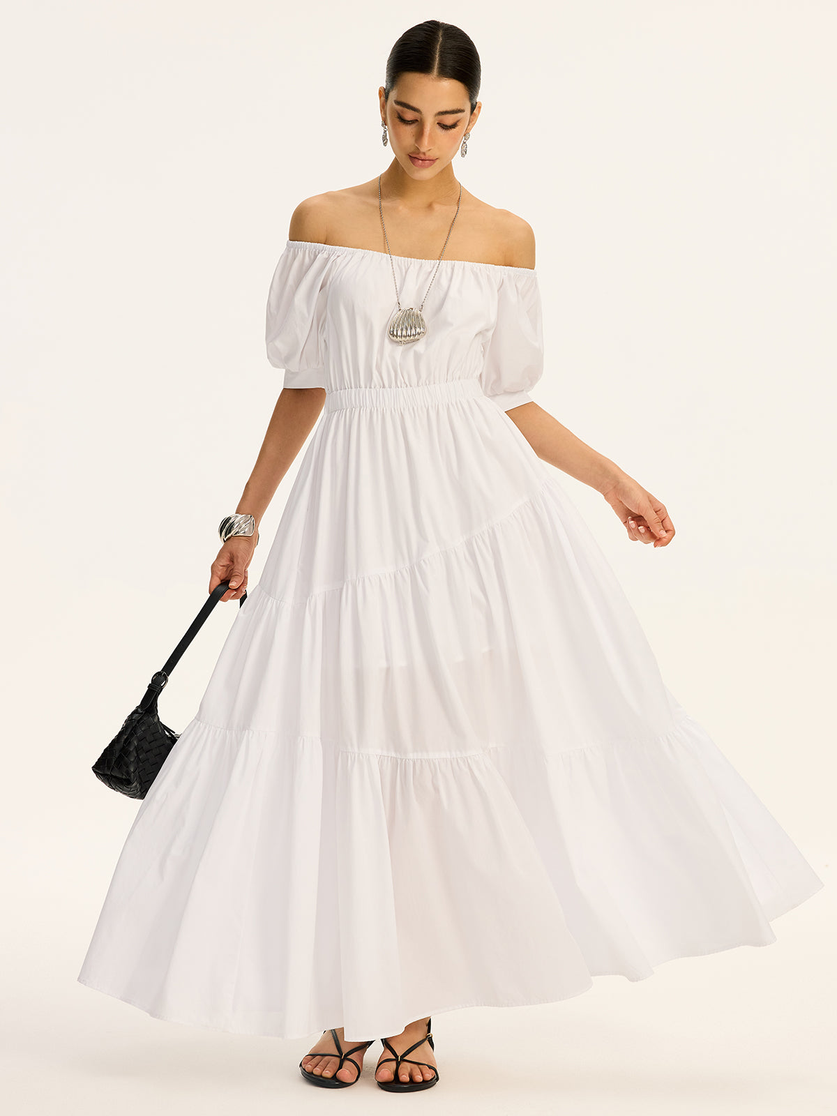 Cotton Off-Shoulder Short-Sleeve Maxi Dress-Massicos