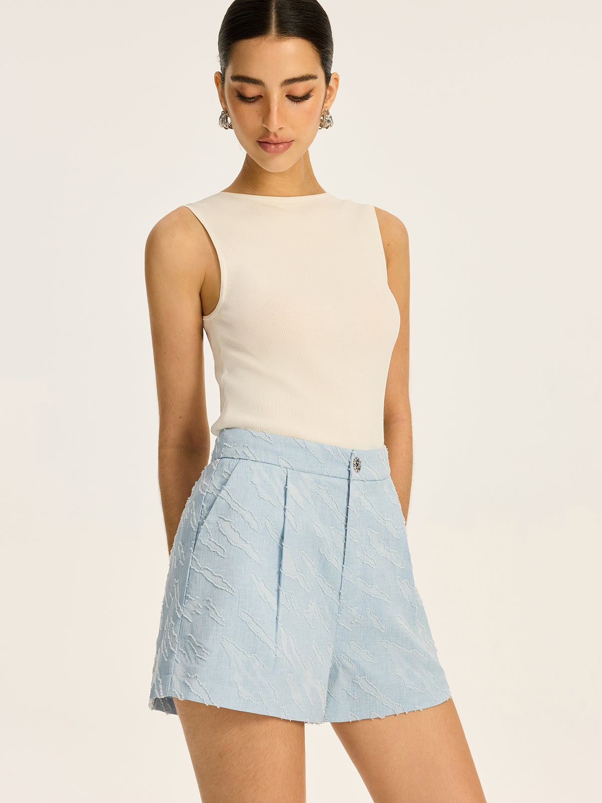 Textured Fabric Metal Button Mid-Waisted Shorts-Massicos