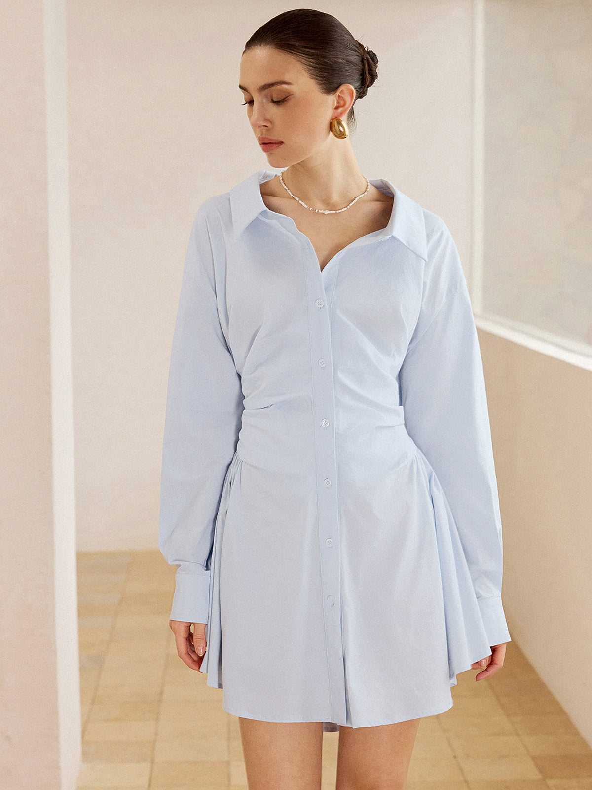 Pleated Shirt Mini Dress-Massicos