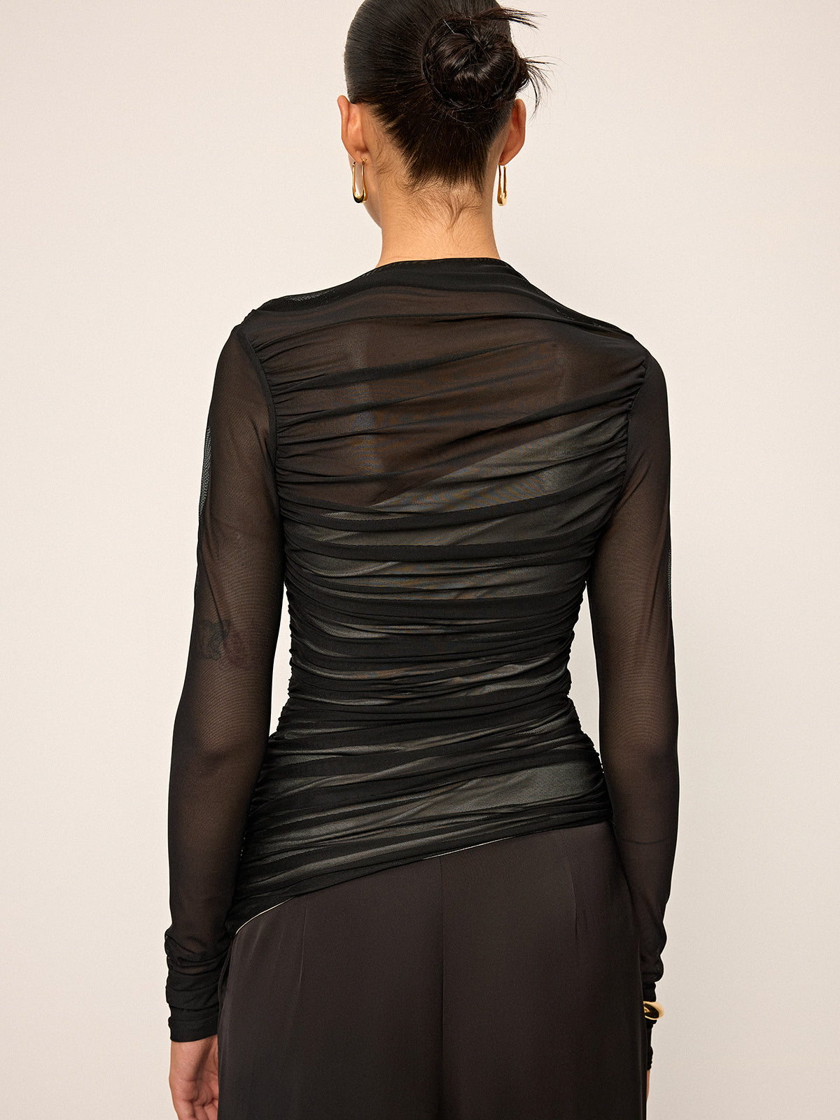 Sheer Mesh Ruched Long-Sleeve Top-Massicos