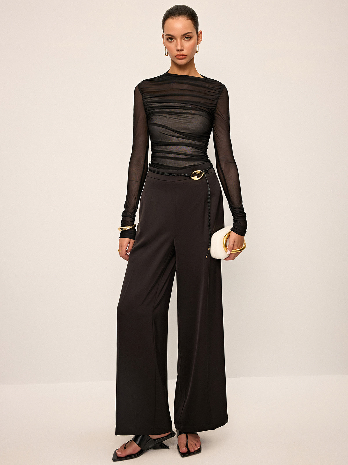 Sheer Mesh Ruched Long-Sleeve Top-Massicos