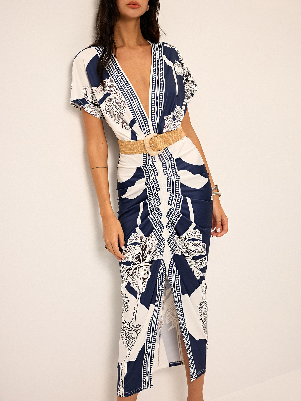 Printed Deep V-Neck Midi Dress Without Belt-Massicos