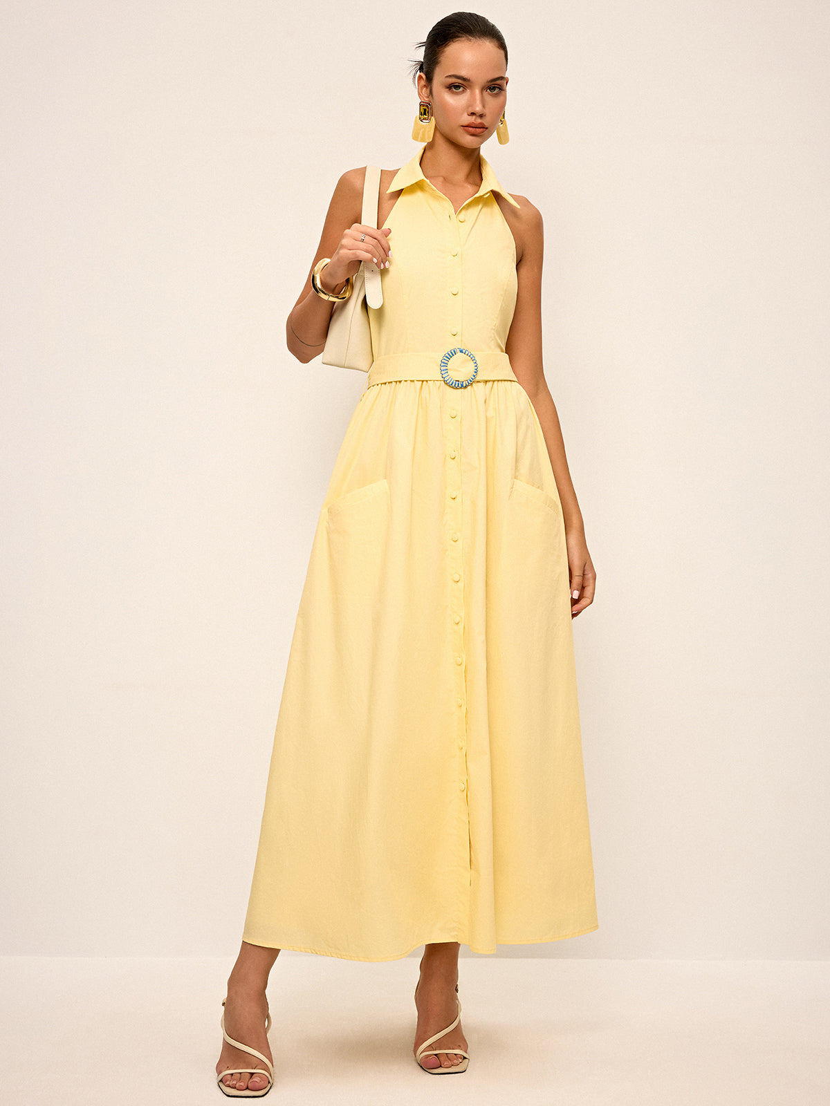 Halter Neck Backless Shirt Dress with Belt-Massicos